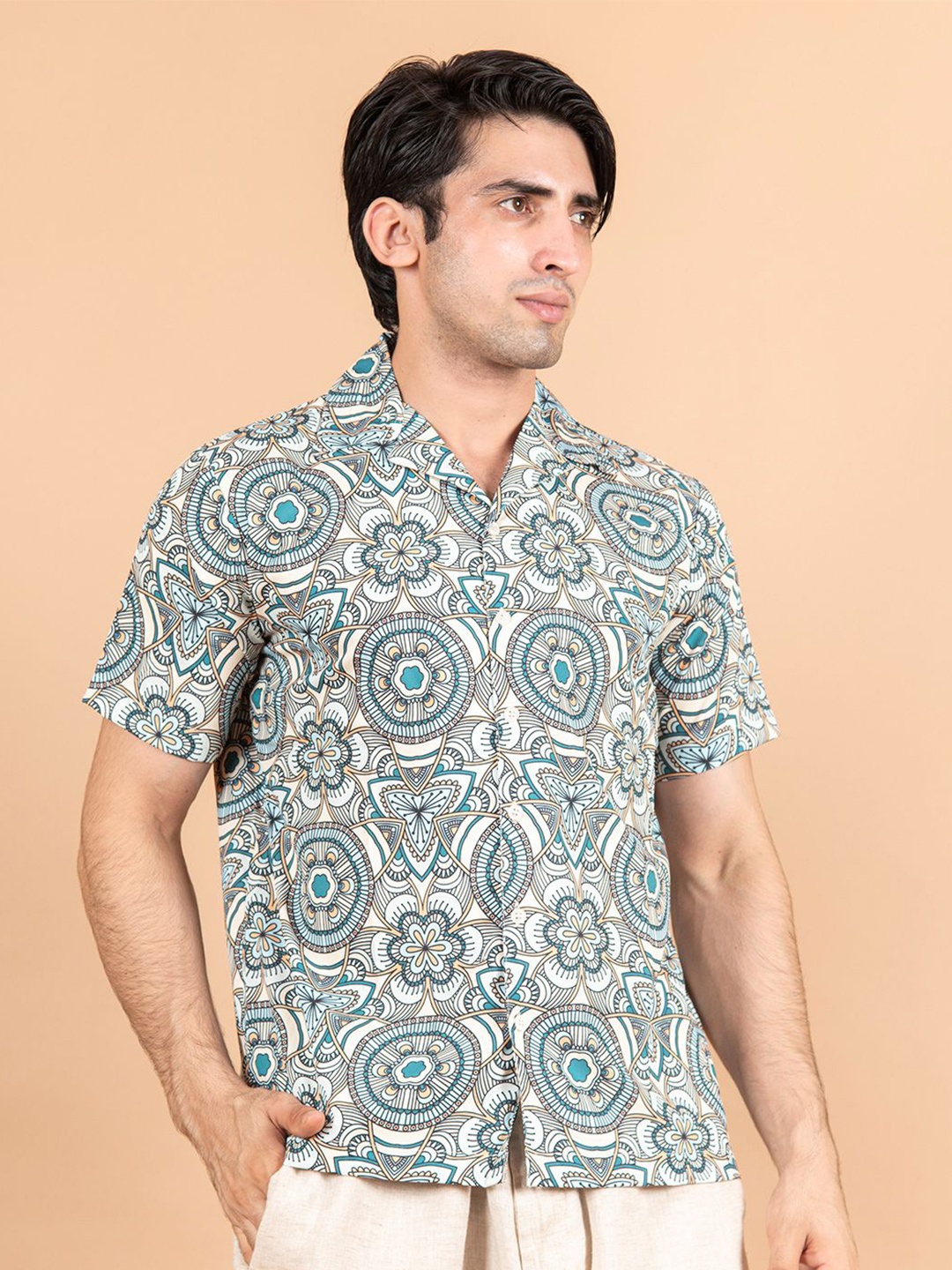 

Tistabene Men Standard Cuban Collar Ethnic Printed Cotton Casual Shirt, Blue
