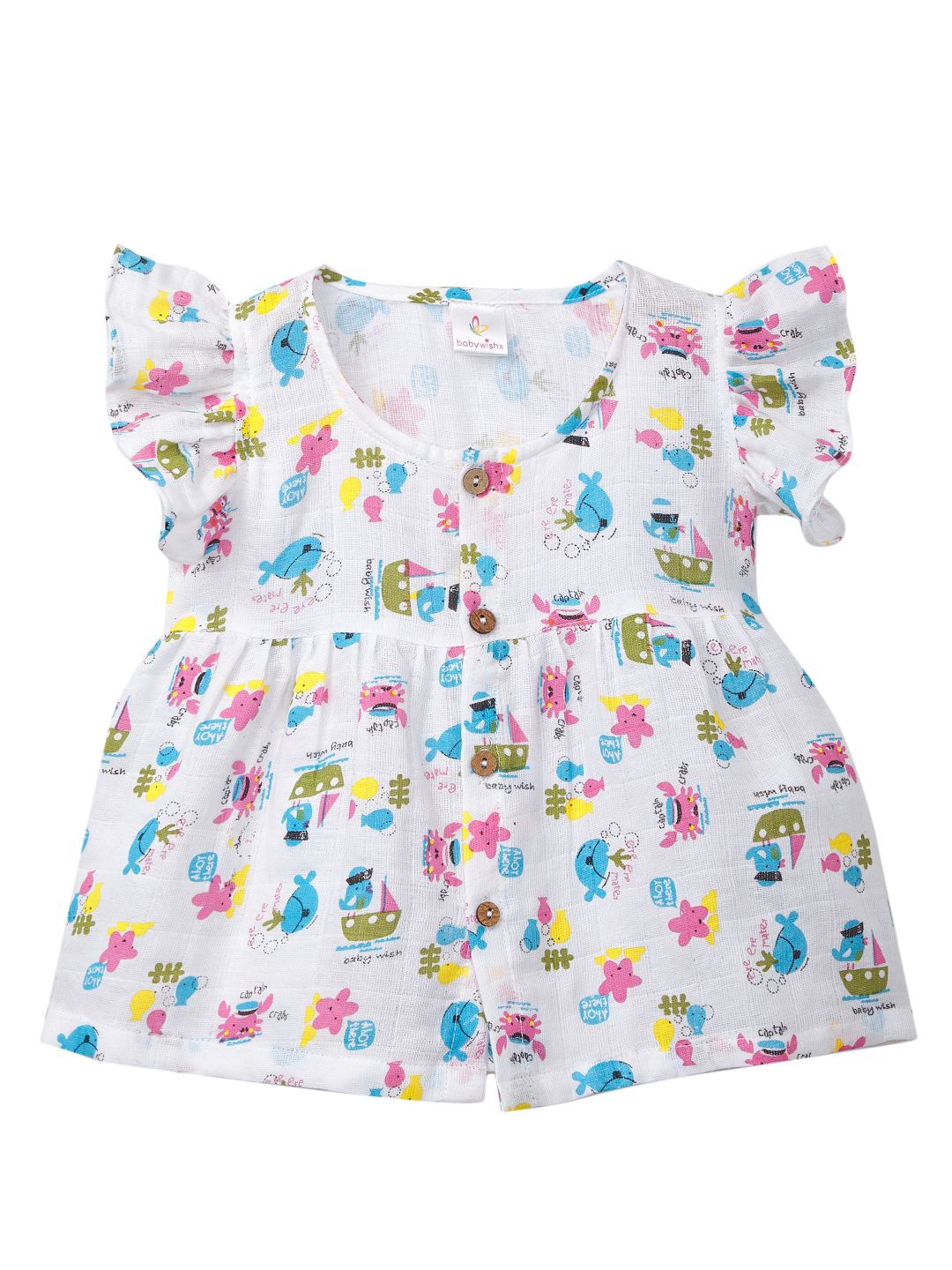 

Babywish Girls Conversational Printed Cotton A-Line Dress, White