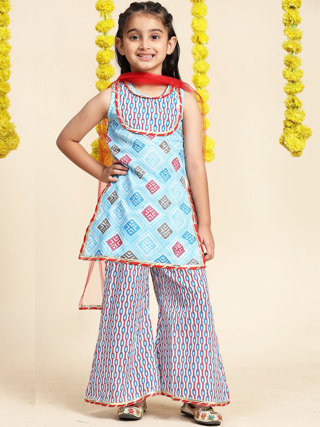 

Cutiekins Girls Geometric Printed Empire Gotta Patti Kurta With Palazzos & Dupatta, Blue