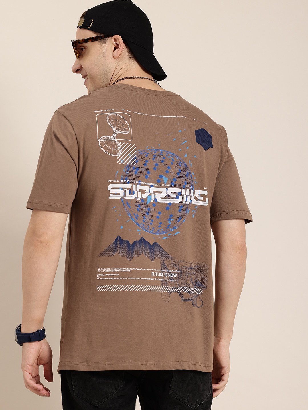 

HERE&NOW Printed Drop-Shoulder Sleeves Pure Cotton T-shirt, Brown