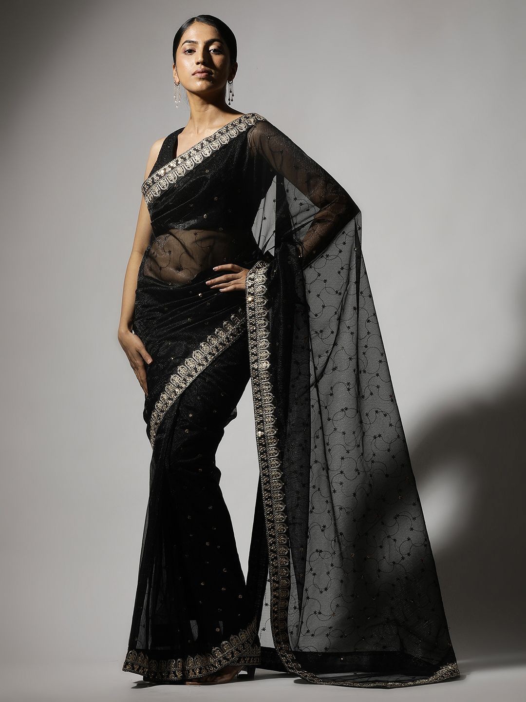 

Qahal Embellished Embroidered Net Saree, Black