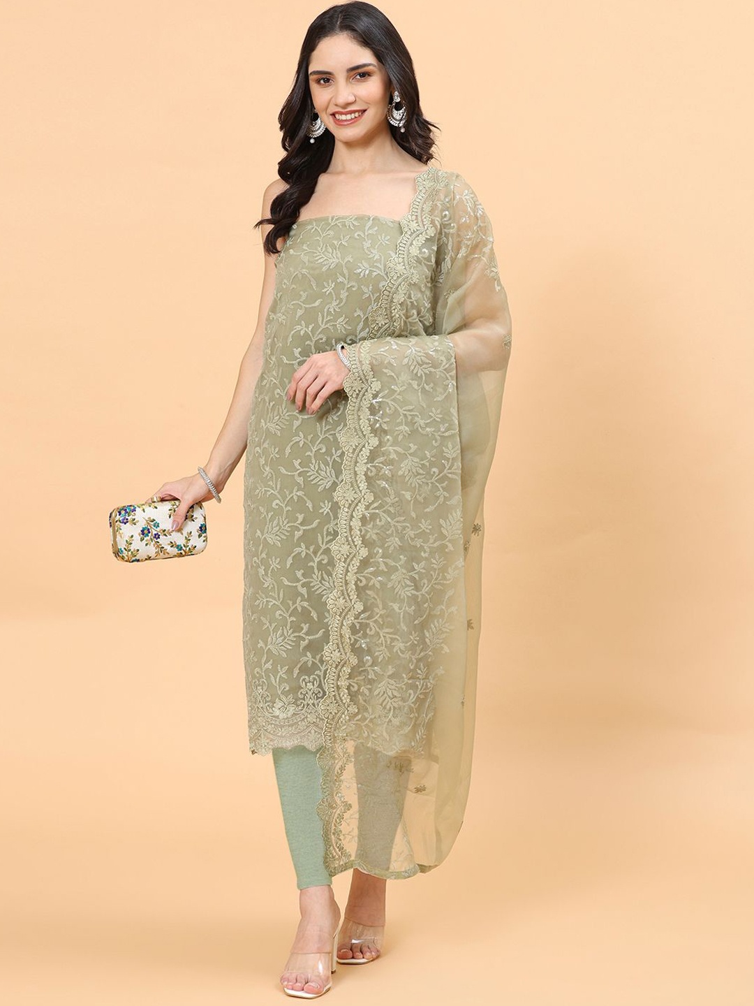 

Meena Bazaar Floral Embroidered Unstitched Dress Material, Sea green