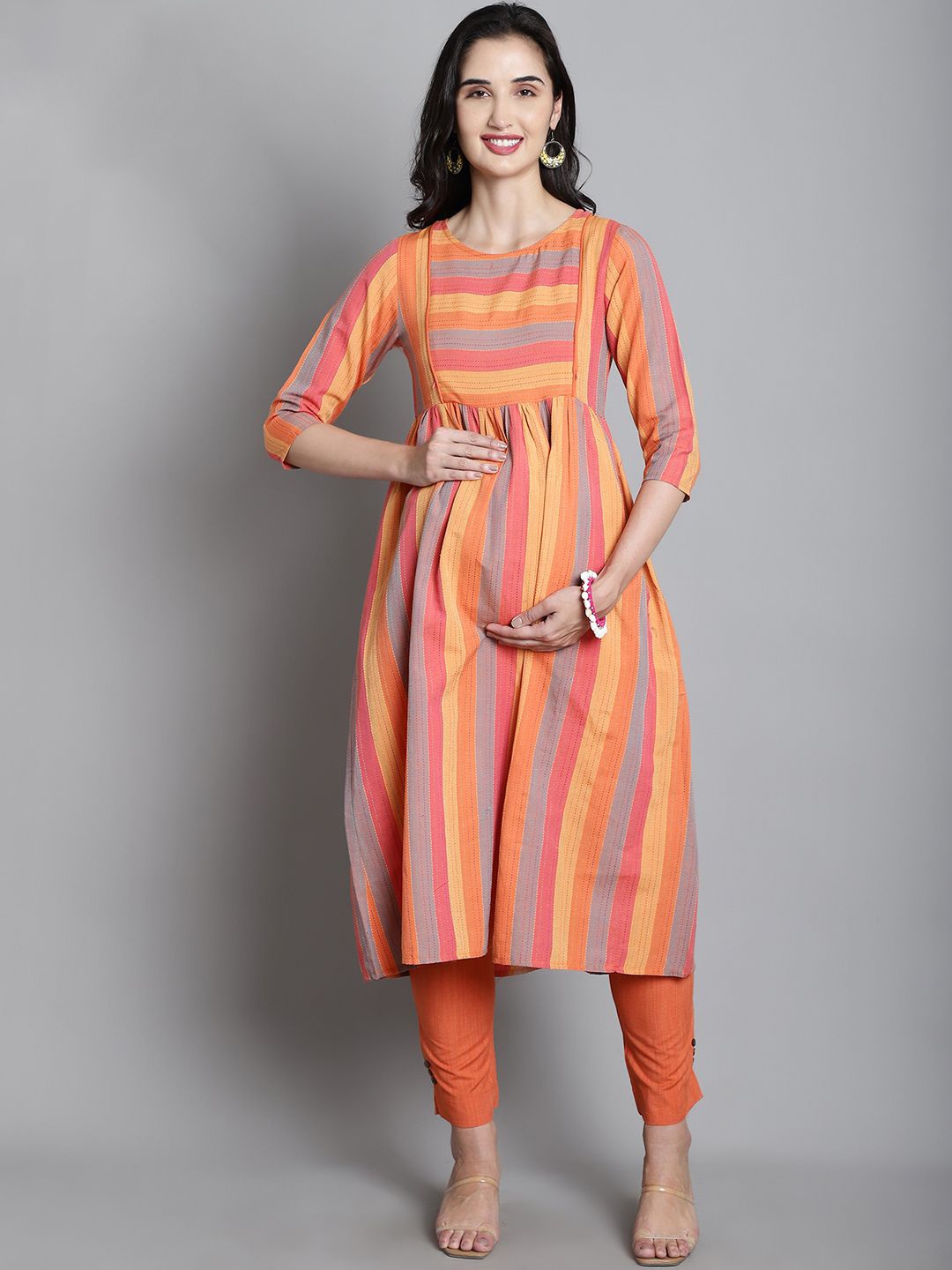 

Moms Maternity Striped Organic Cotton Anarkali Kurta, Orange