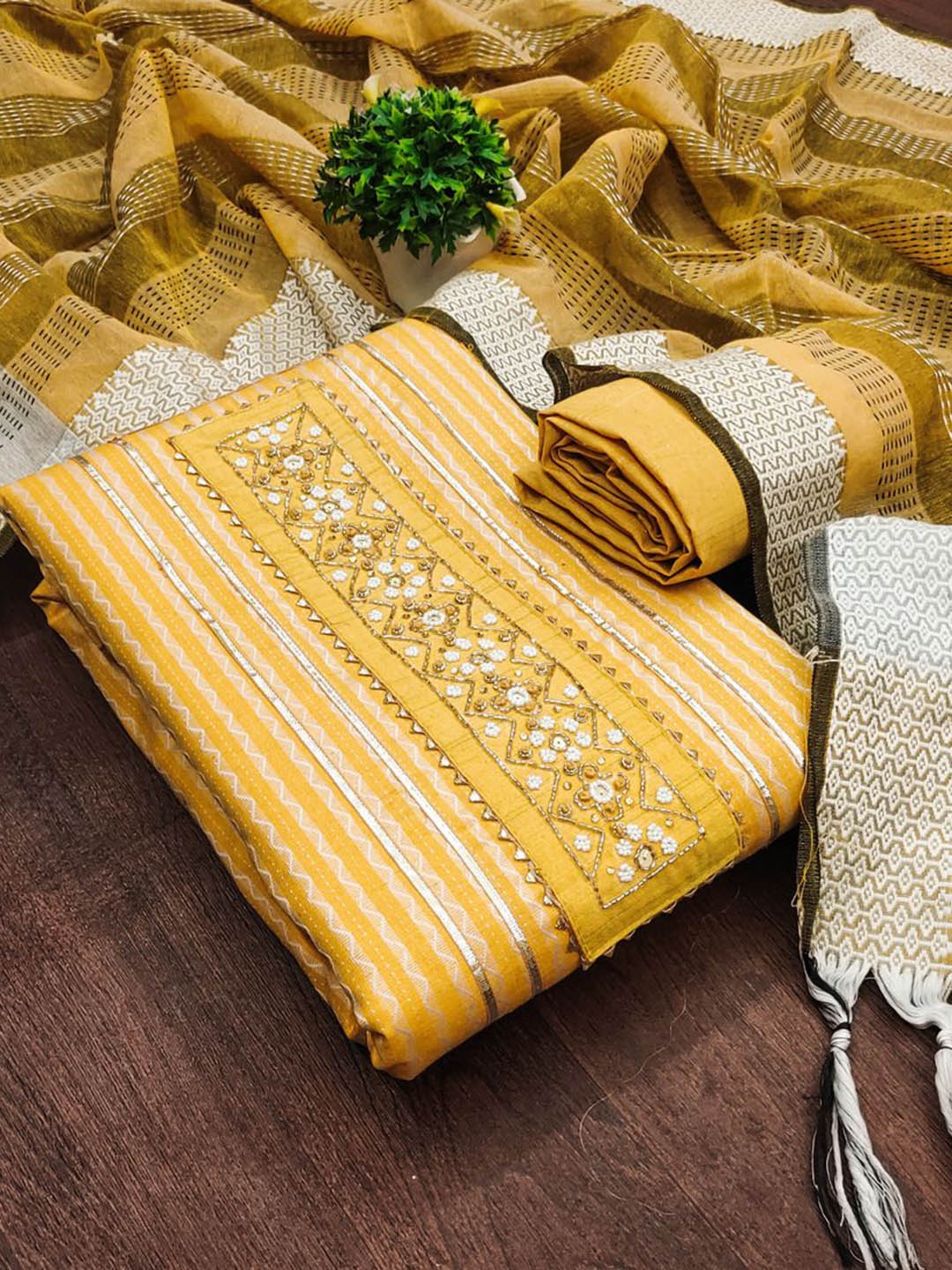 

APNISHA Floral Embroidered Thread Work Unstitched Dress Material, Yellow