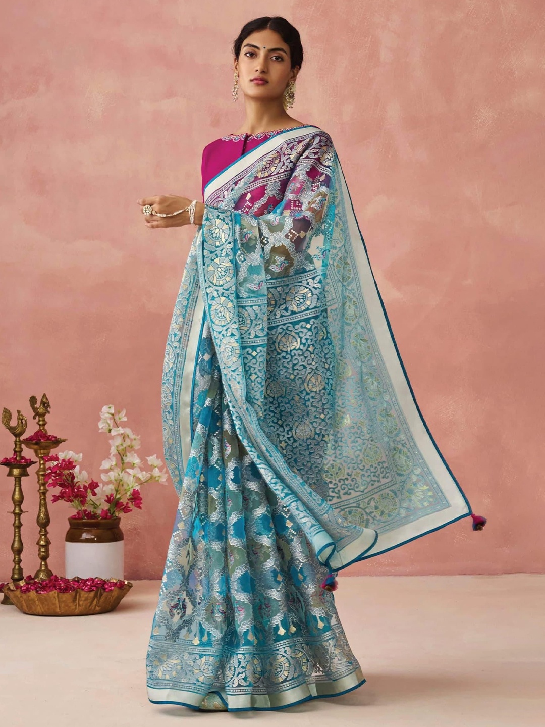 

KALINDI Floral Saree, Blue