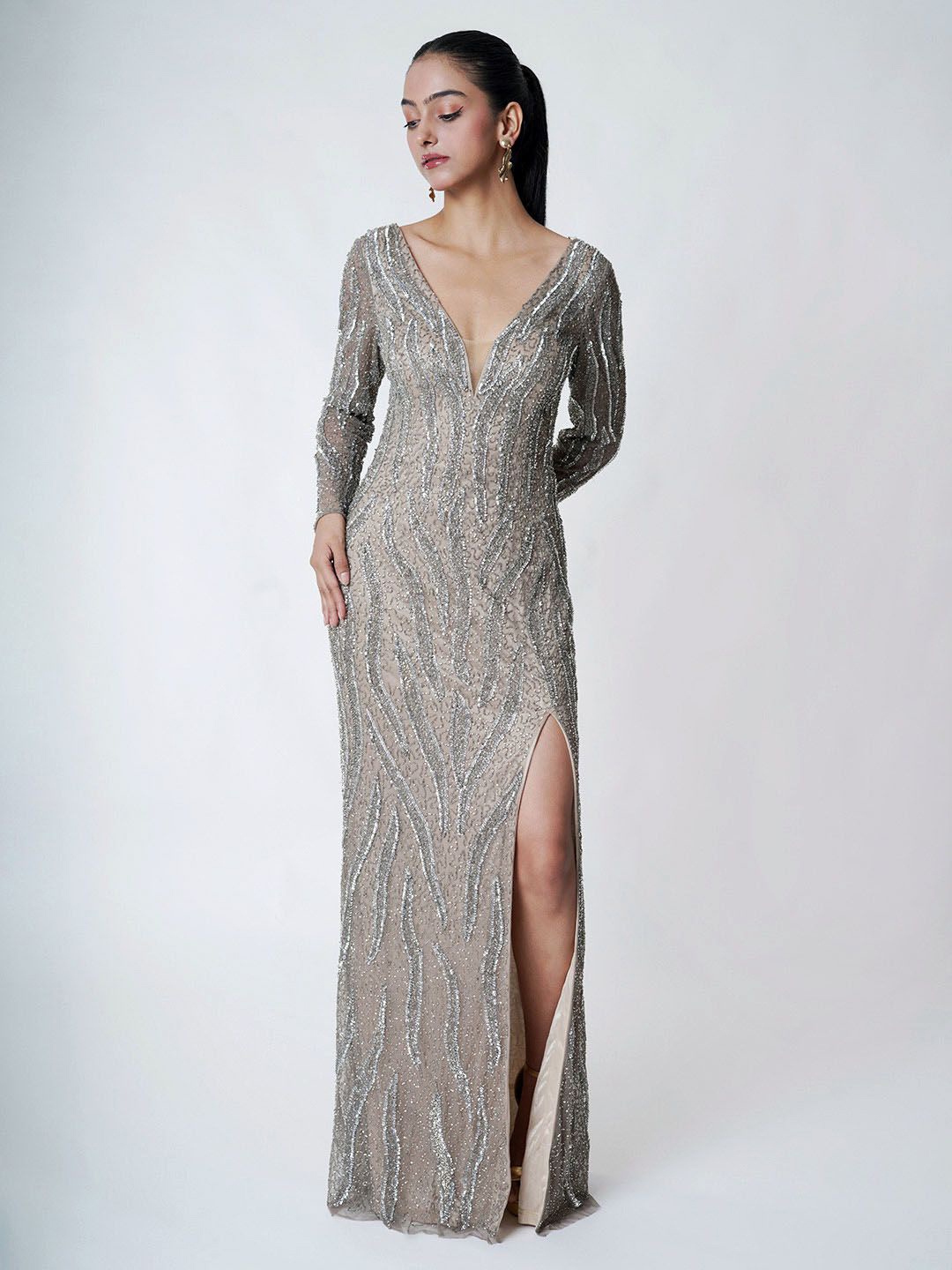 

UPGRADE Embellished Net Maxi Dress, Brown
