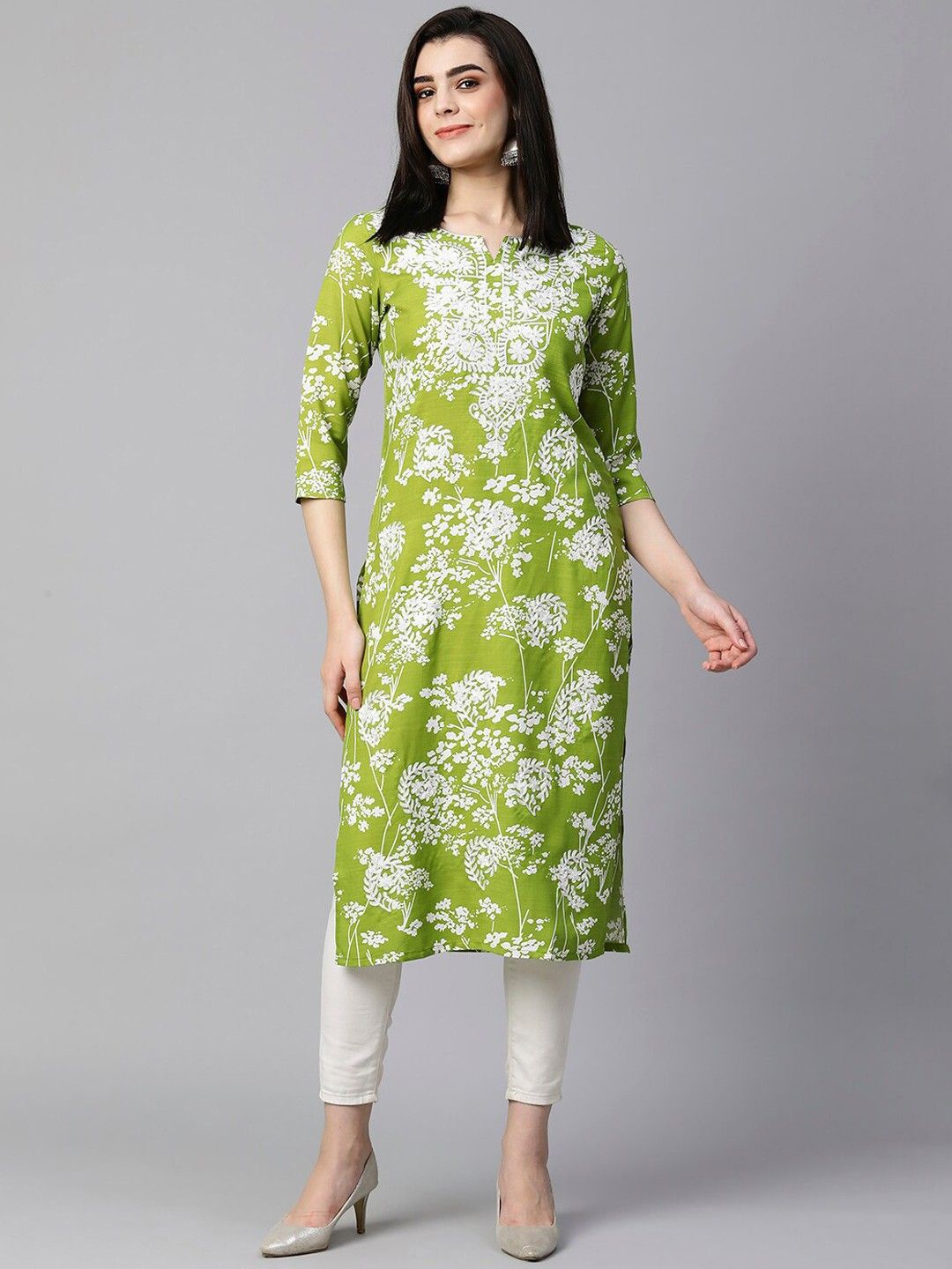 

GoSriKi Floral Printed Chikankari Straight Kurta, Green