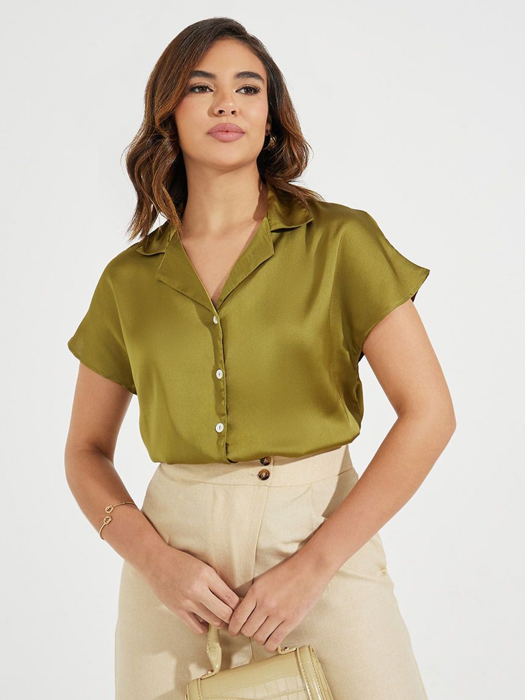 

Styli Women Regular Fit Solid Buttoned Shirt with Cap Sleeve, Olive