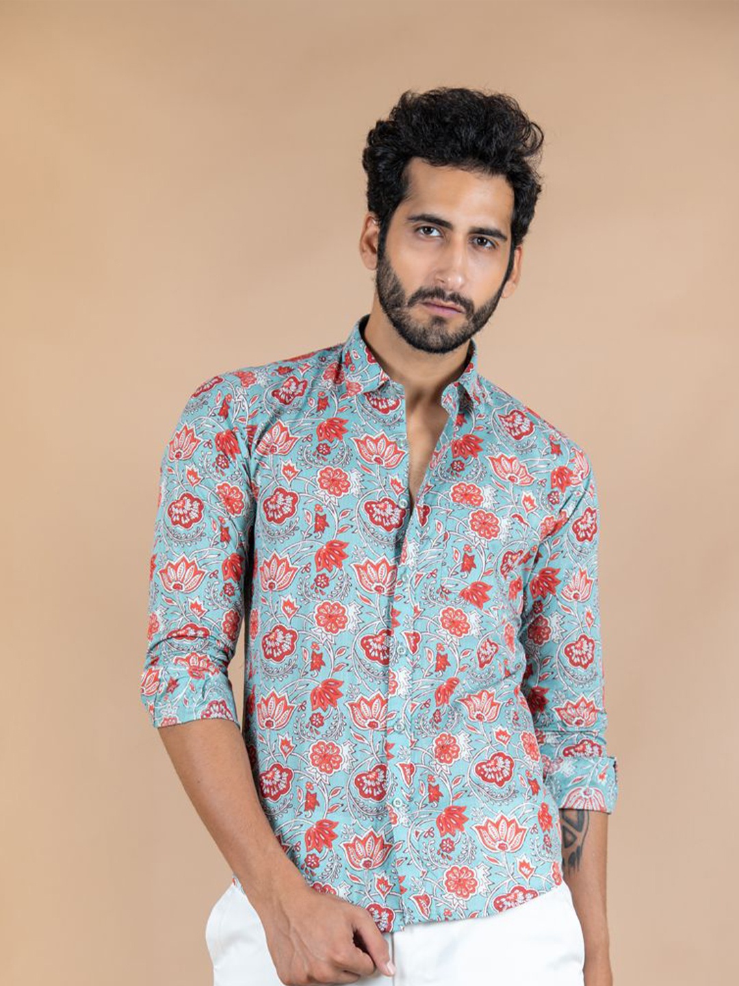 

Tistabene Men Standard Spread Collar Floral Printed Cotton Casual Shirt, Blue