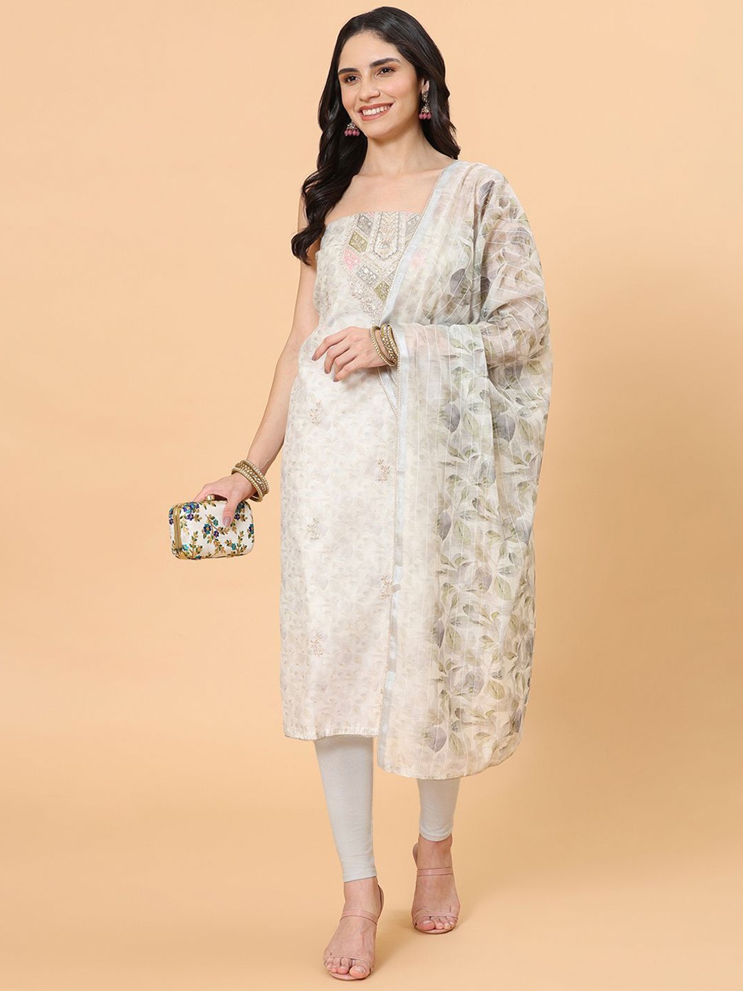 

Meena Bazaar Floral Printed Sequinned Unstitched Dress Material, Cream