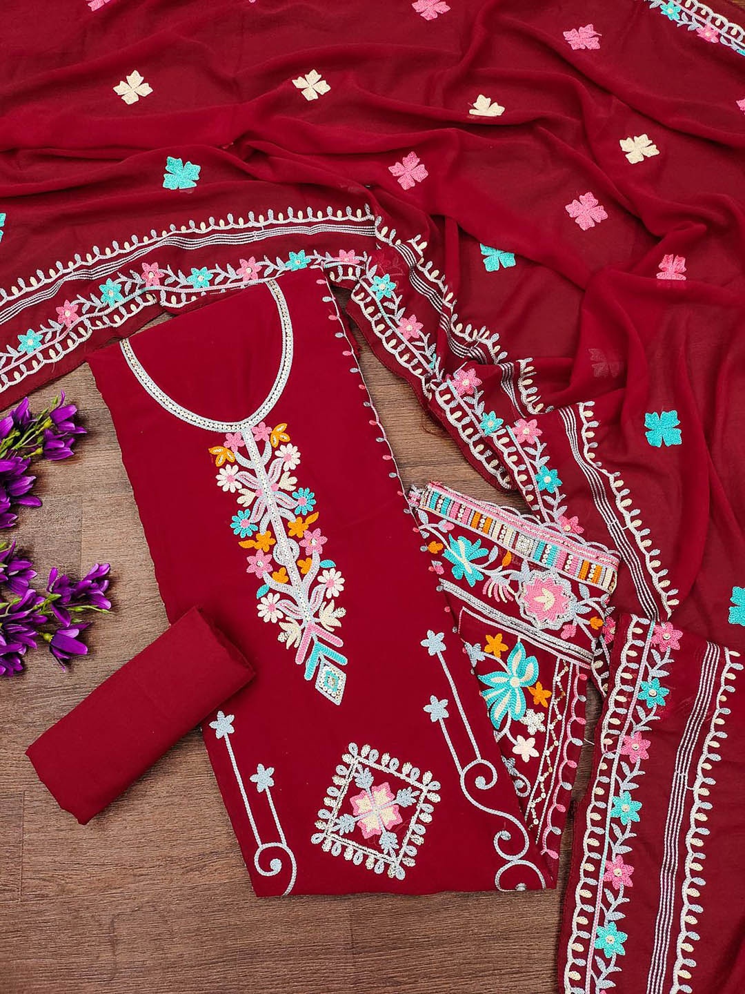 

APNISHA Floral Embroidered Silk Georgette Unstitched Dress Material, Maroon