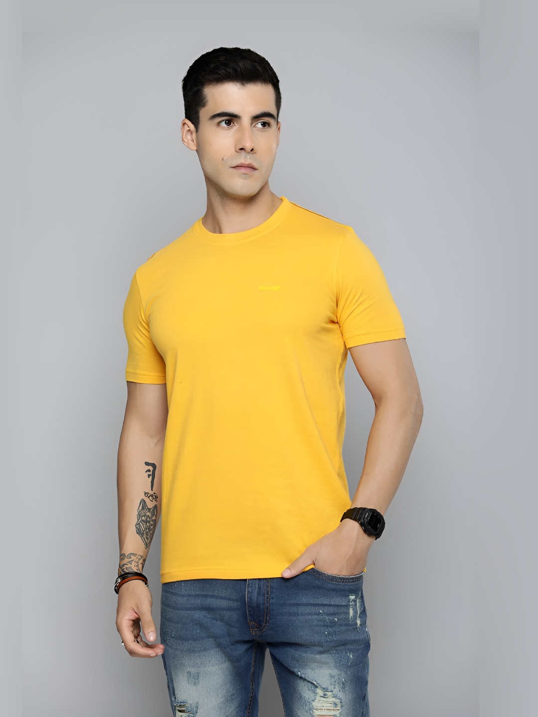 

R.Code by The Roadster Life Co. Men Solid Round Neck Cotton T-Shirt, Yellow