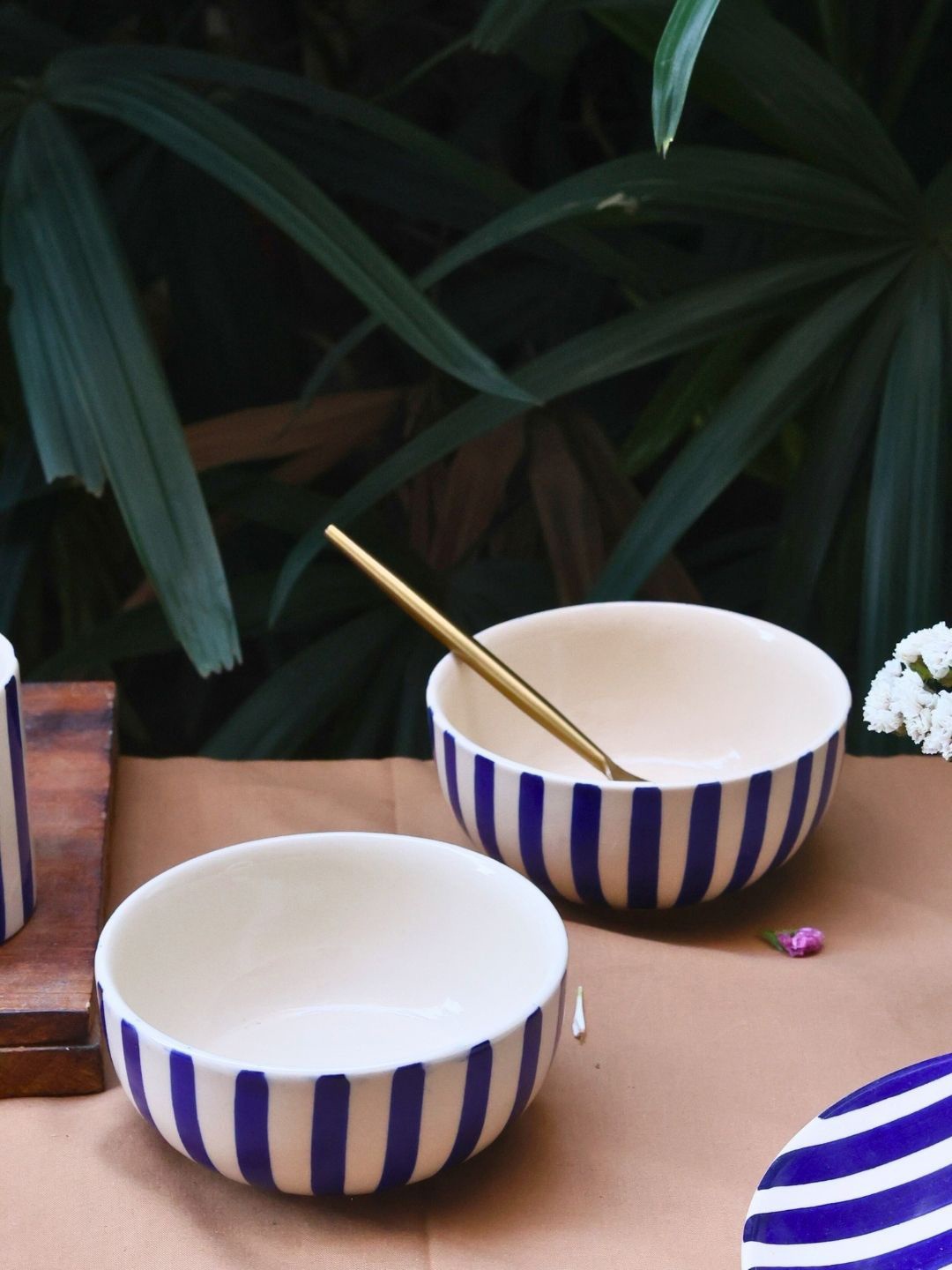 

WEAVING HOMES Blue & White 2 Pieces Striped Ceramic Serving Bowls 250 ml Each