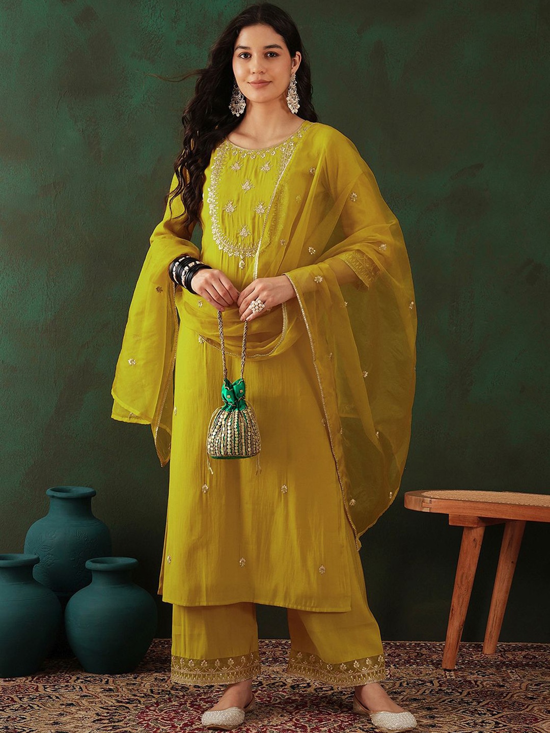 

Sangria Yellow Floral Embroidered Round Neck Zari Straight Kurta & Palazzos With Dupatta