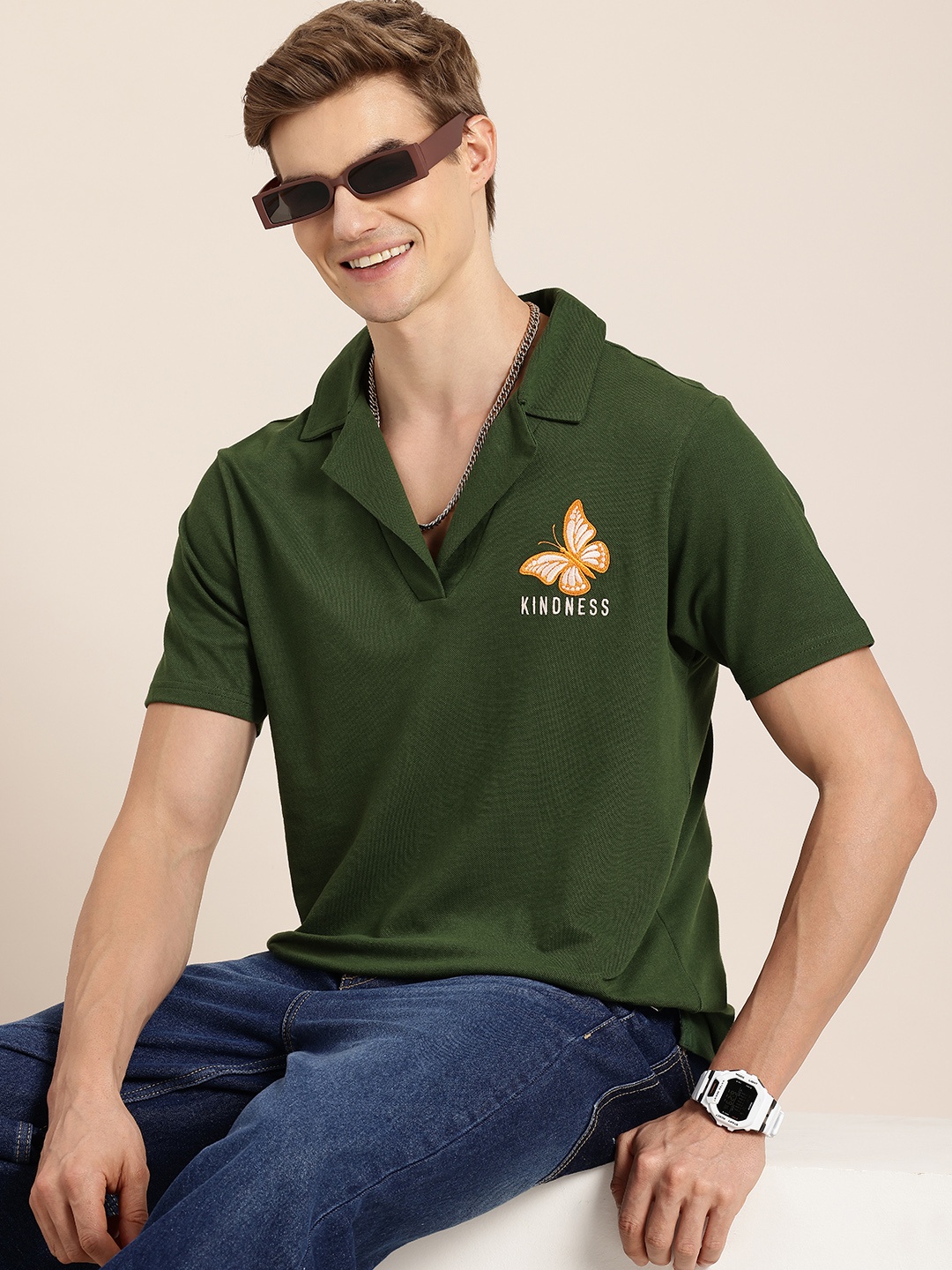 

HERE&NOW Polo Collar Pure Cotton T-shirt, Green