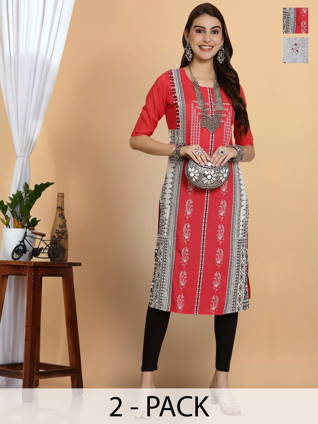 

7Threads Selection Of 2 Floral Printed Round Neck Crepe Straight Kurta, Red