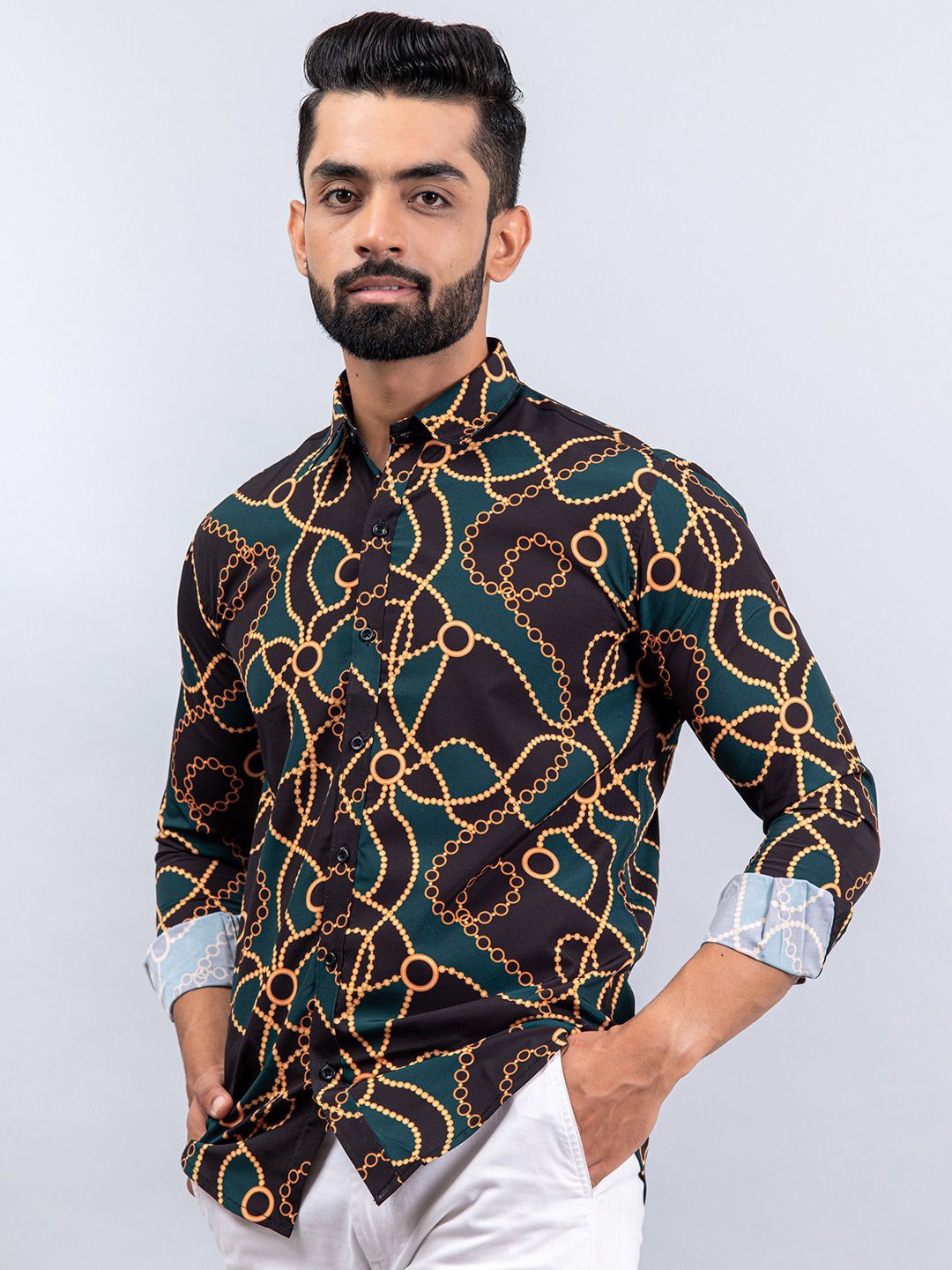 

Tistabene Men Standard Spread Collar Ethnic Printed Crepe Casual Shirt, Green