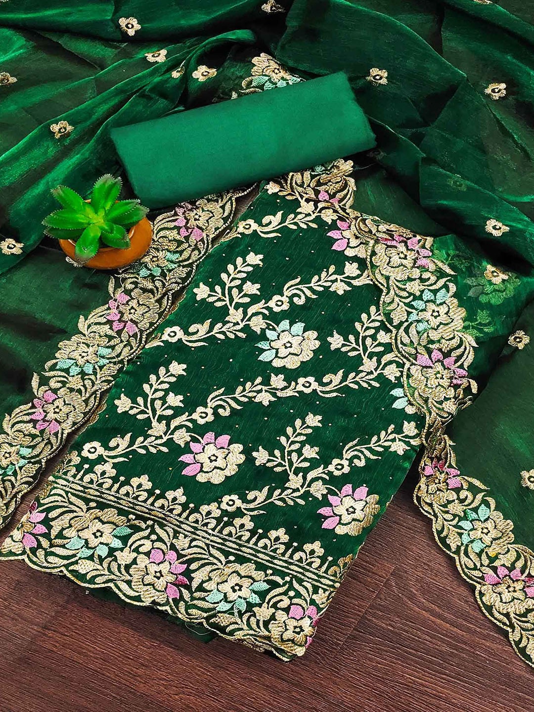 

Peachmode THread Work Unstitched Dress Material, Green
