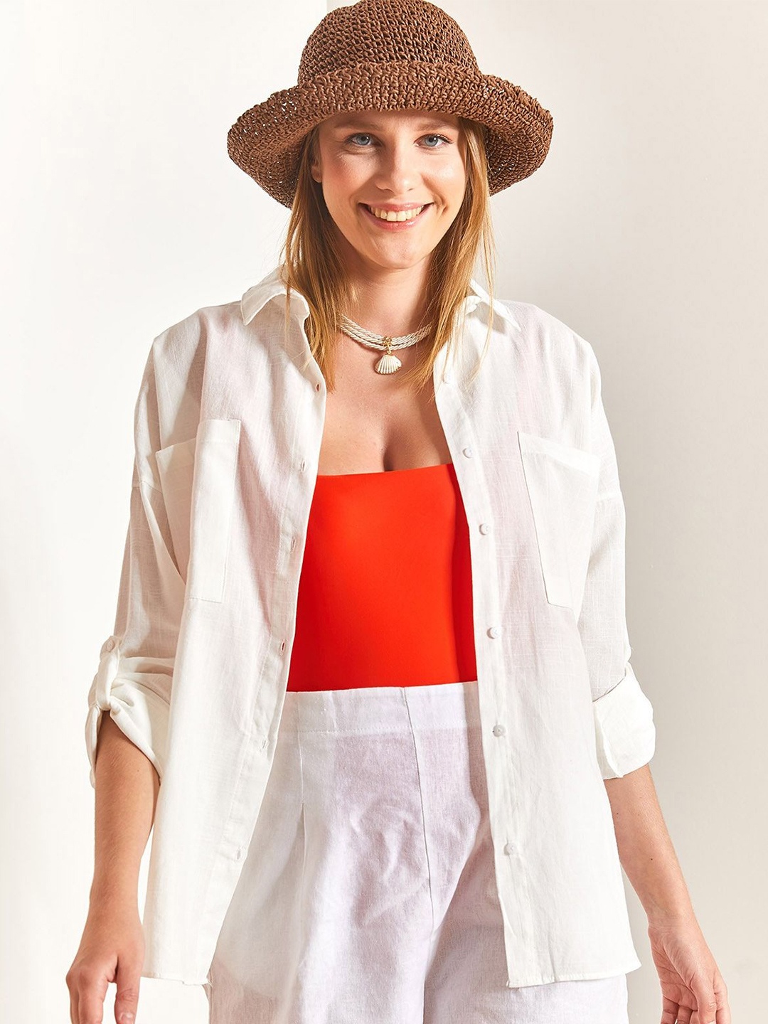 

BIANCO LUCCI Women Spread Collar Solid Cotton Casual Shirt, White