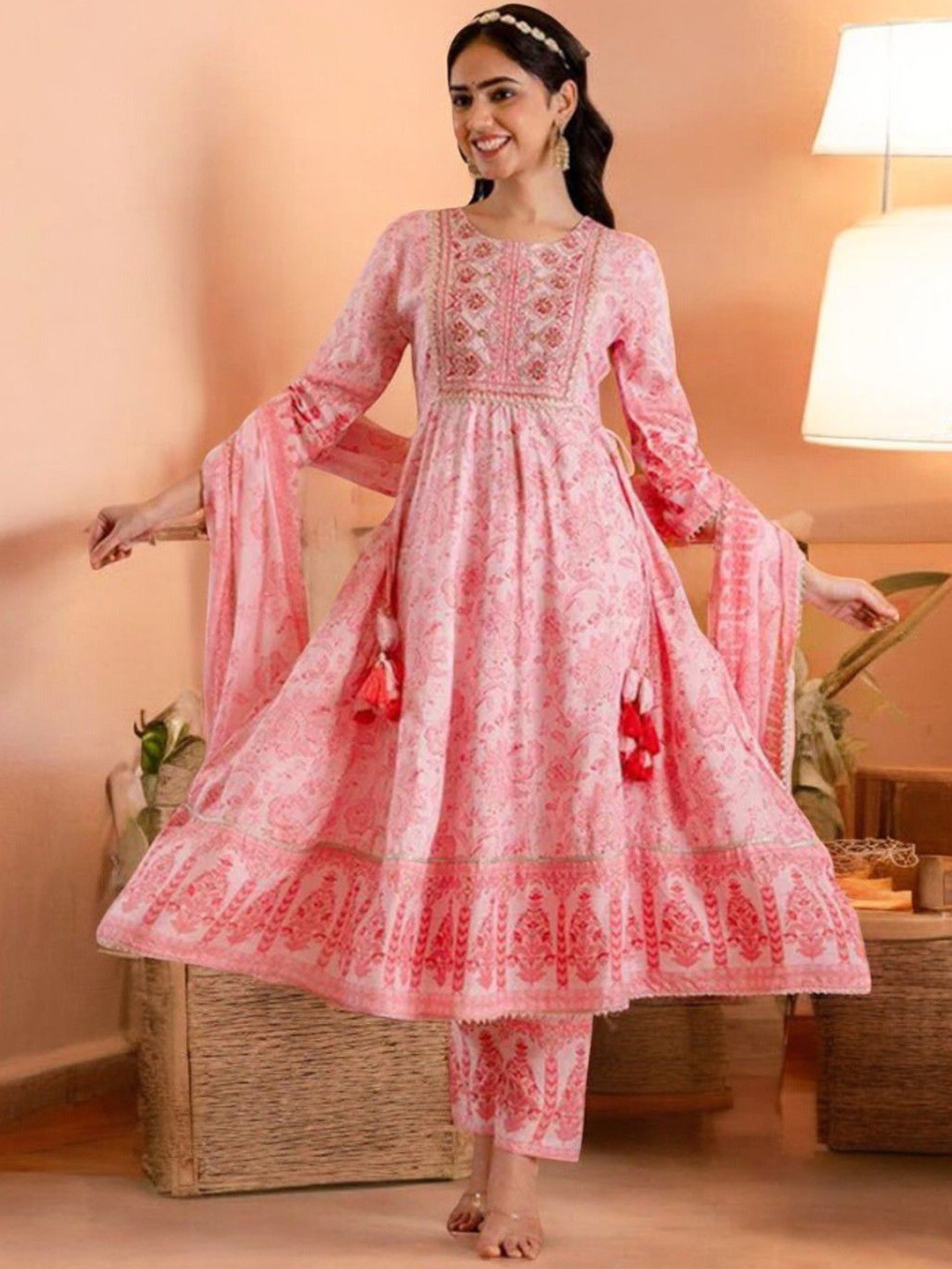 

ARAVALII Regular Beads & Stones Pure Cotton Anarkali Kurta with Trousers & Dupatta, Pink