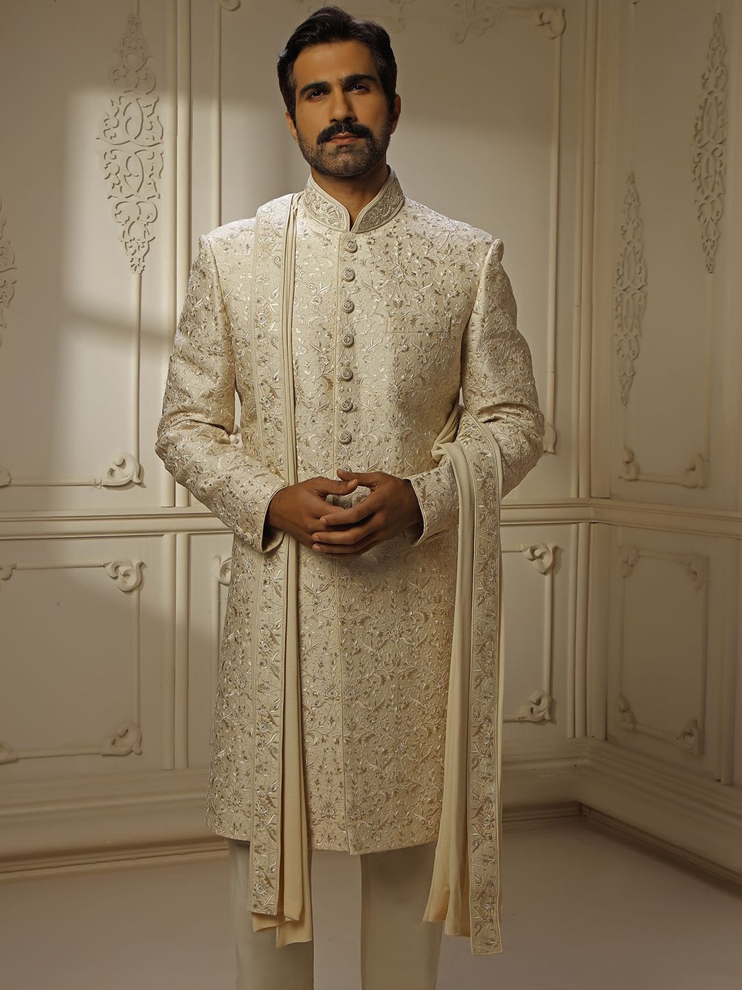 

VANSHIK Digital Embroidered Sherwani Set, Beige