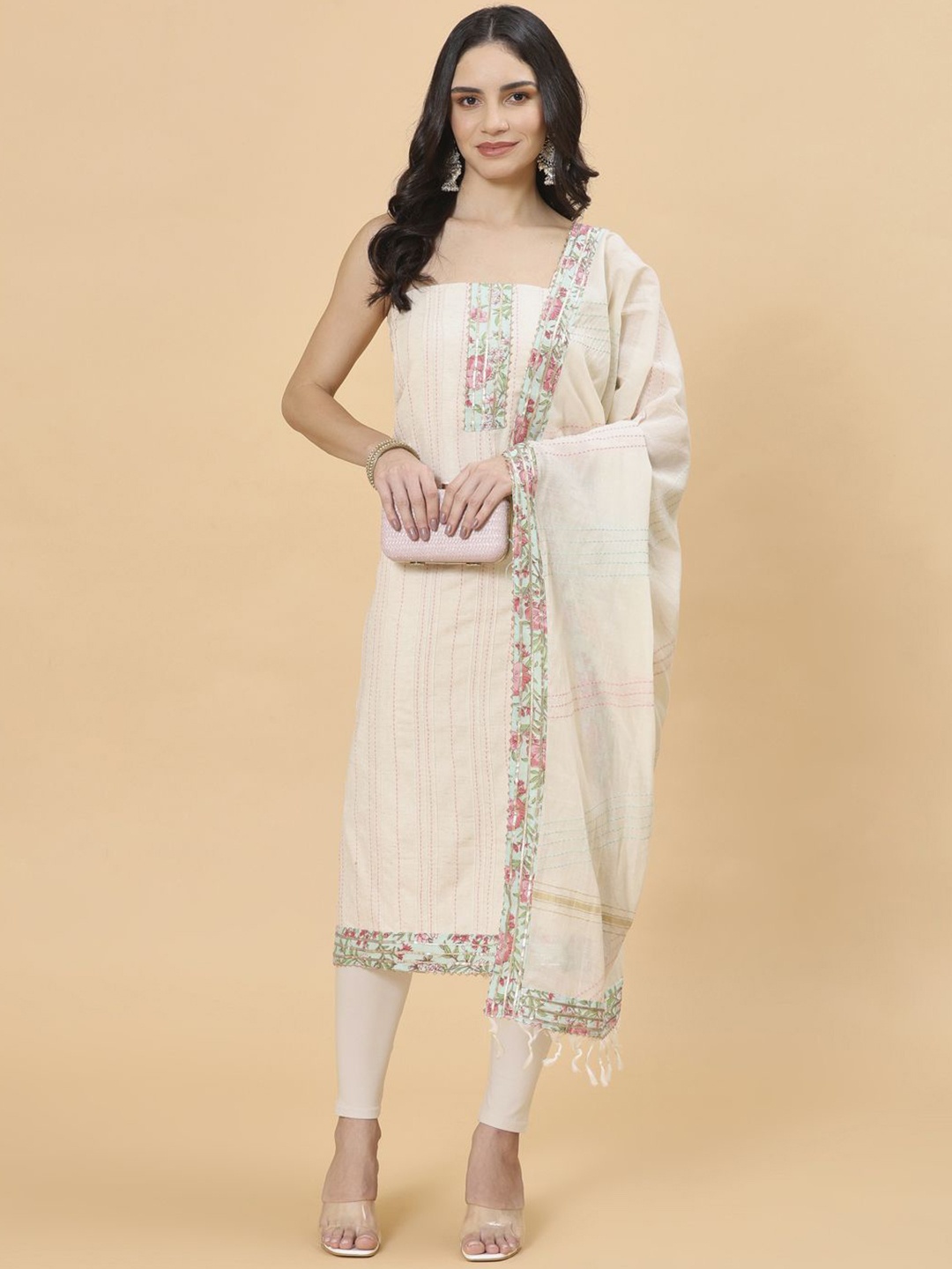 

Meena Bazaar Floral Embroidered Unstitched Dress Material, Cream