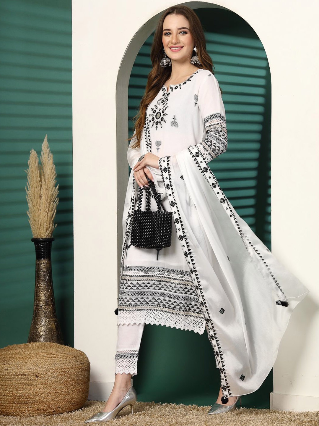 

Ramas Floral Embroidered Mirror Work Pure Cotton Straight Kurta & Trousers With Dupatta, White