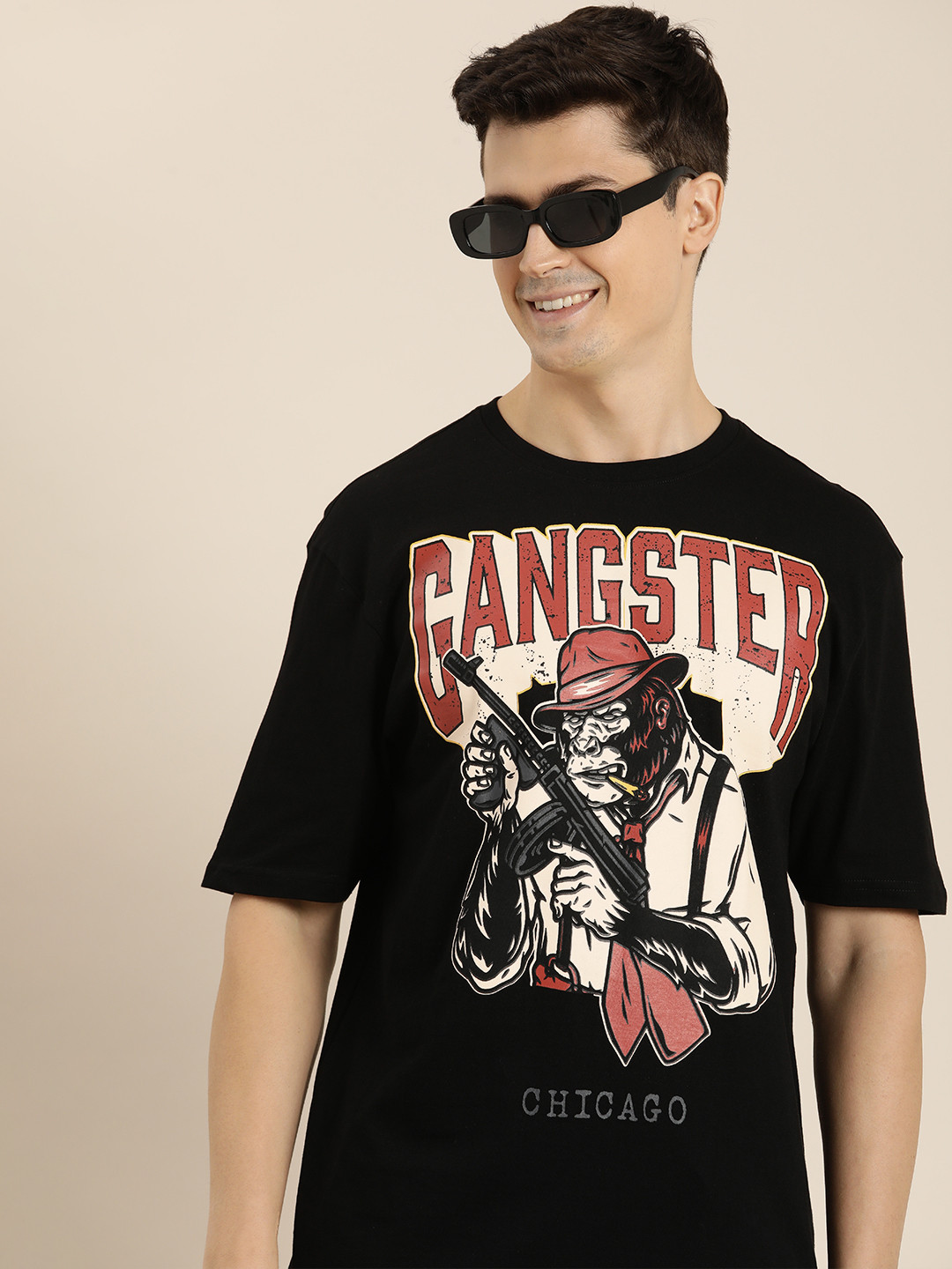 

HERE&NOW Printed Drop-Shoulder Sleeves Pure Cotton T-shirt, Black