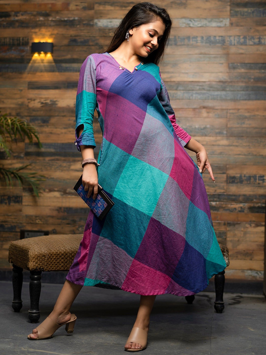 

Earthwear Colourblocked Pure Cotton A-Line Dress, Pink