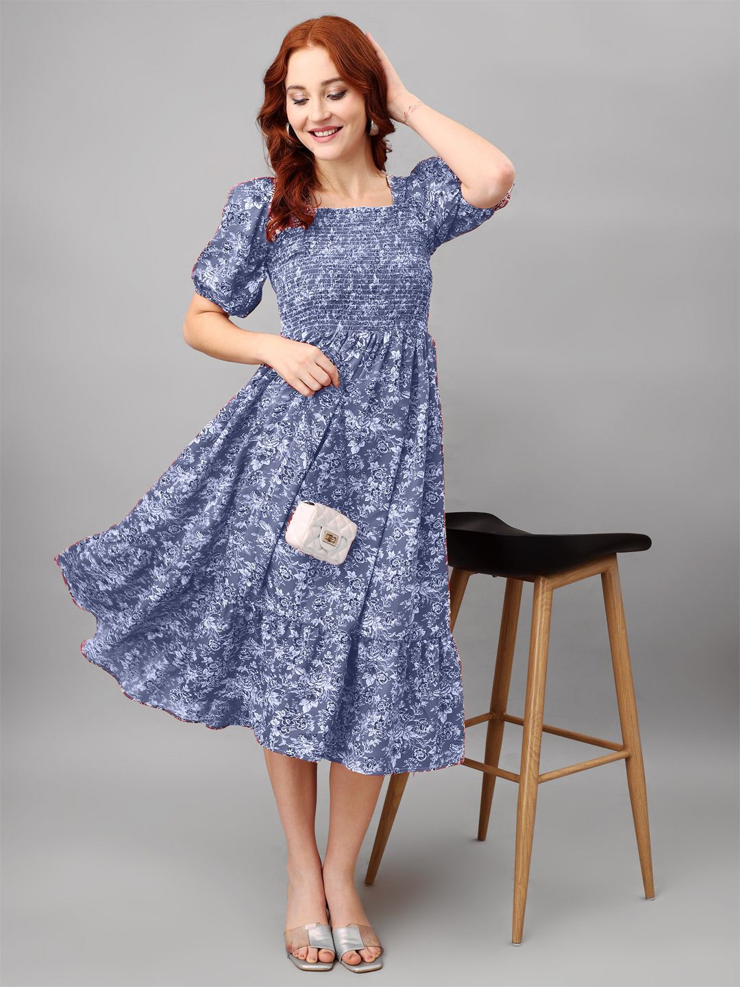 

Femvy Floral Print Puff Sleeve Applique Midi Dress, Blue