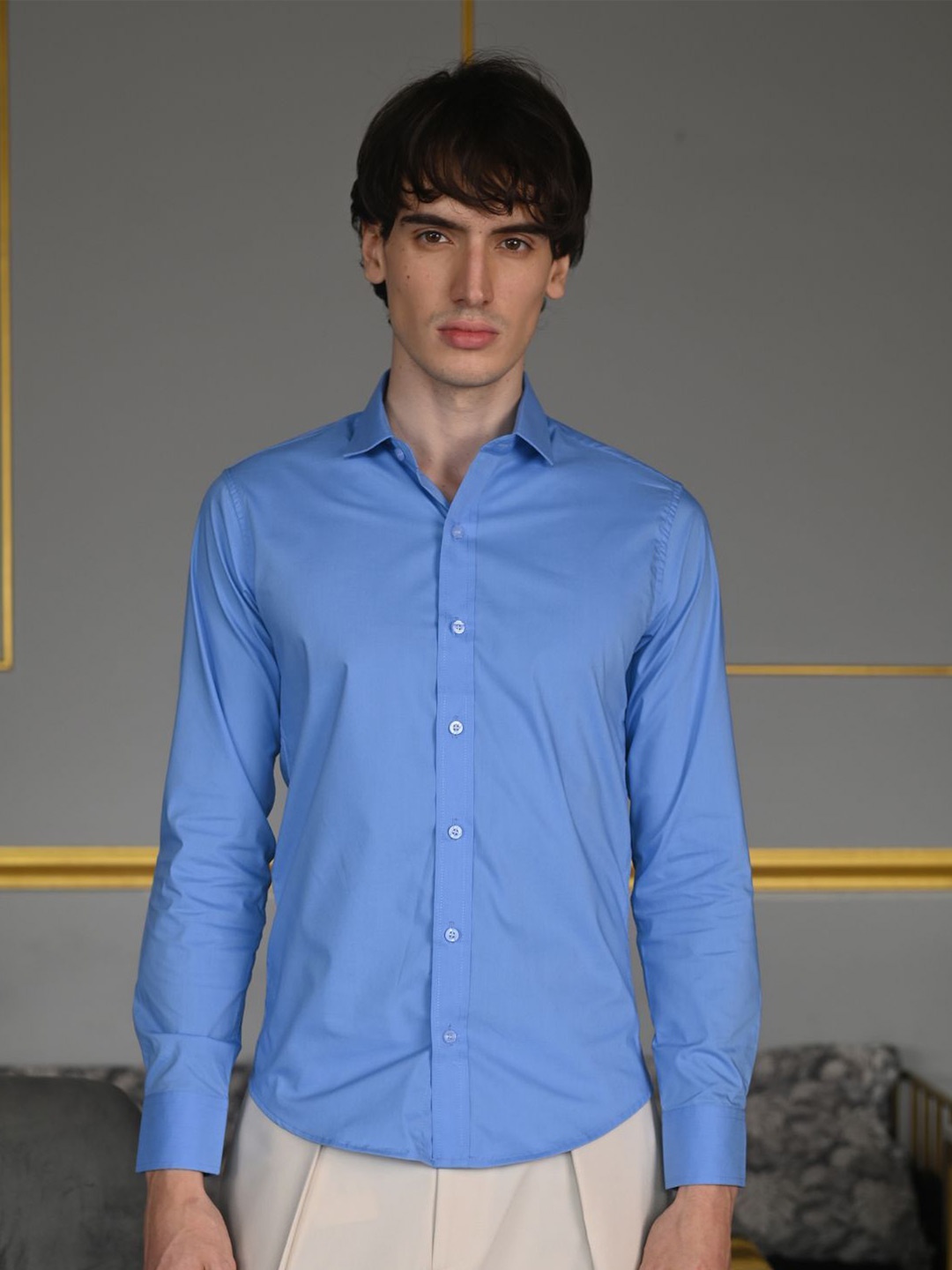 

ODETTE Men Spread Collar Solid Cotton Casual Shirt, Blue