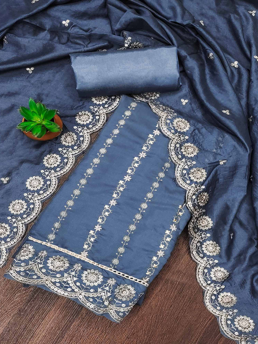 

Peachmode Thread Work Pure Cotton Unstitched Dress Material, Blue