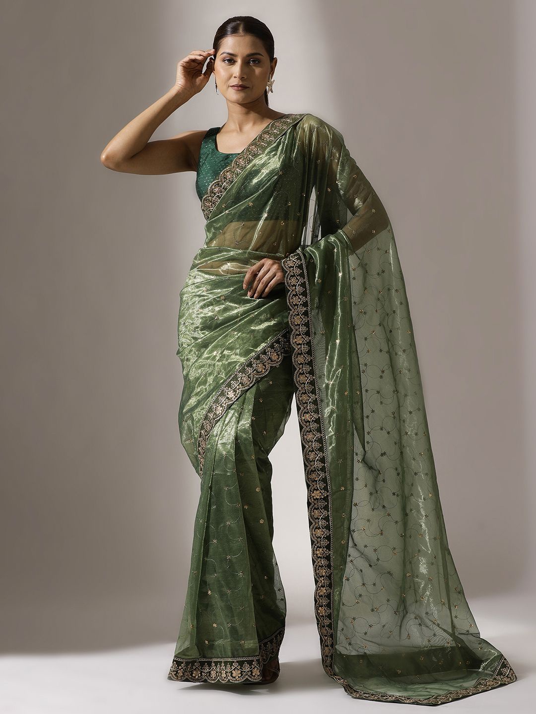 

Qahal Embellished Sequinned Net Designer Saree, Green