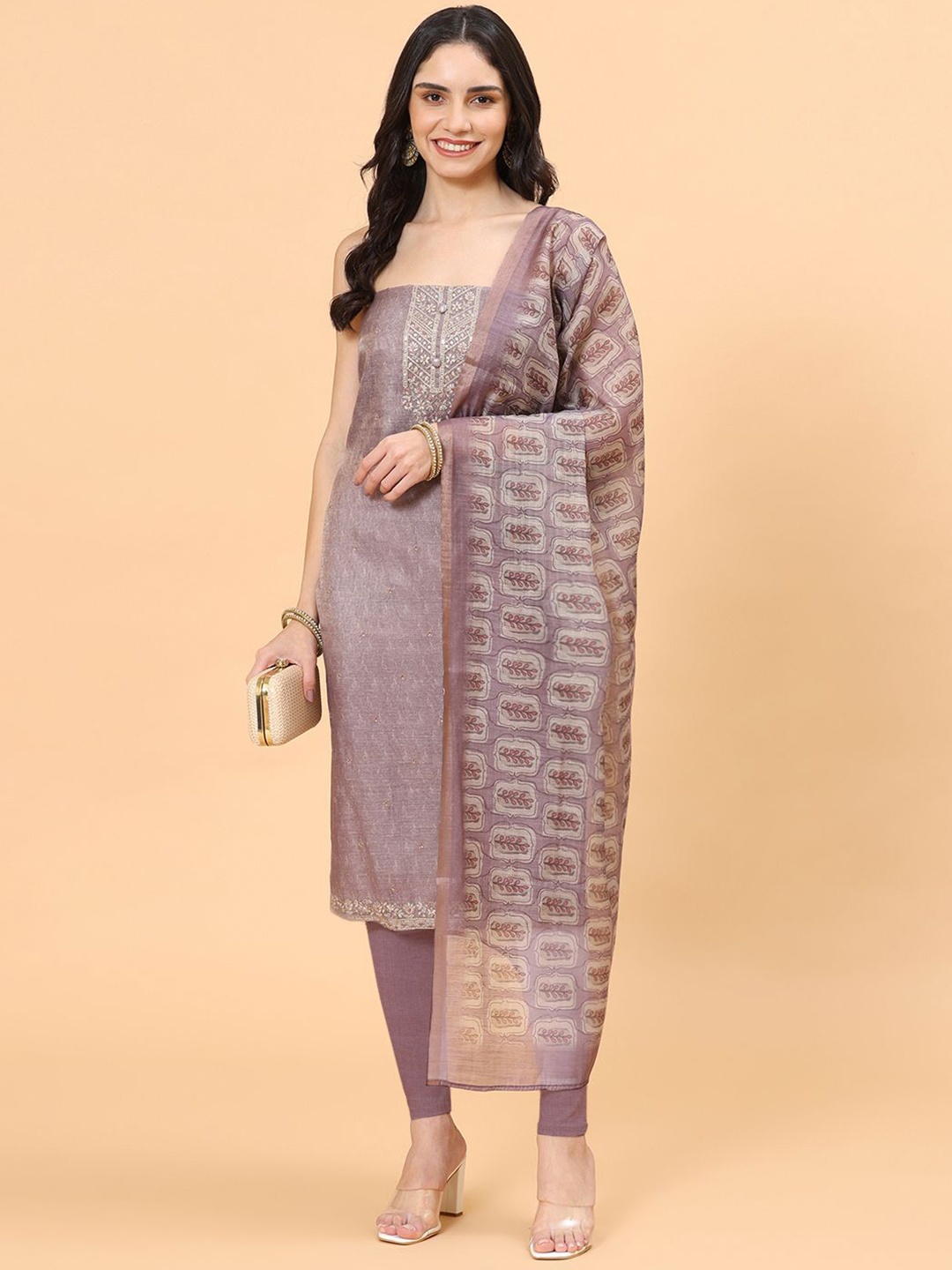 

Meena Bazaar Floral Woven Design Sequinned Unstitched Dress Material, Purple