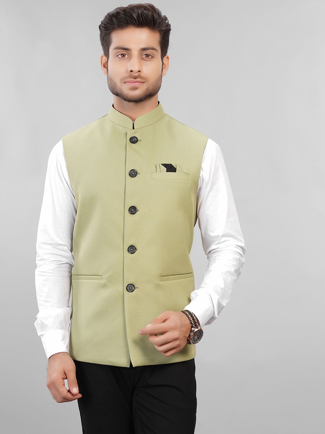 

LA'SCOOT Mandarin Collar Nehru Jacket, Green
