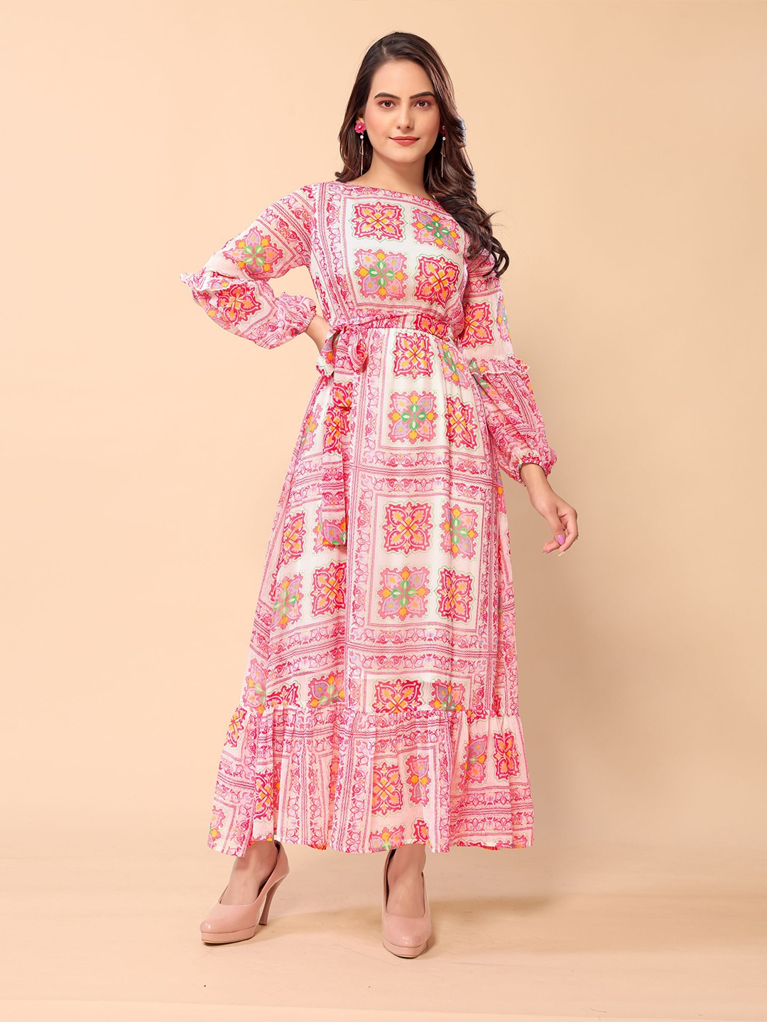 

Murcia Women's Multicolor Floral Print Chiffon Fit & Flare Maxi Dress, Multi