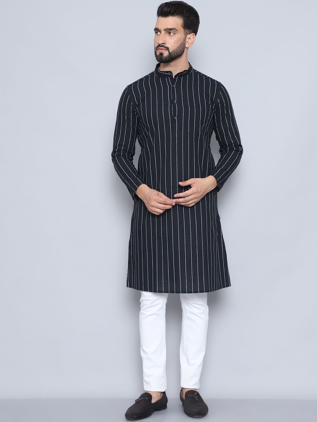 

even Striped Printed Mandarin Collar Pure Cotton Straight Kurta, Black