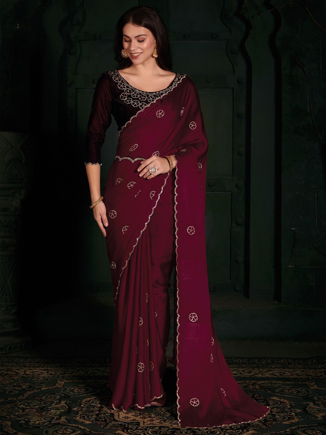 

Anouk Embellished Beads and Stones Satin Saree, Maroon