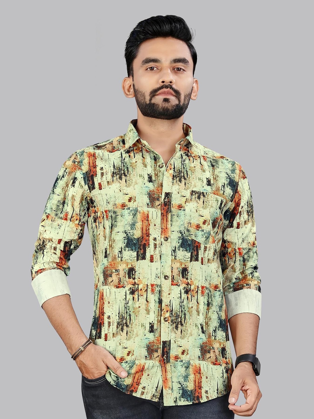 

ADWYN PETER Men Classic Spread Collar Abstract Printed Cotton Casual Shirt, Green