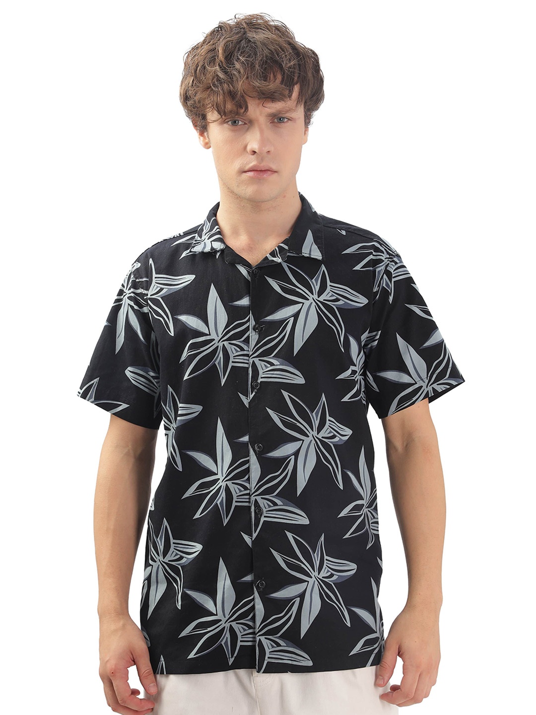 

London Hills Men Standard Cuban Collar Floral Printed Cotton Casual Shirt, Grey