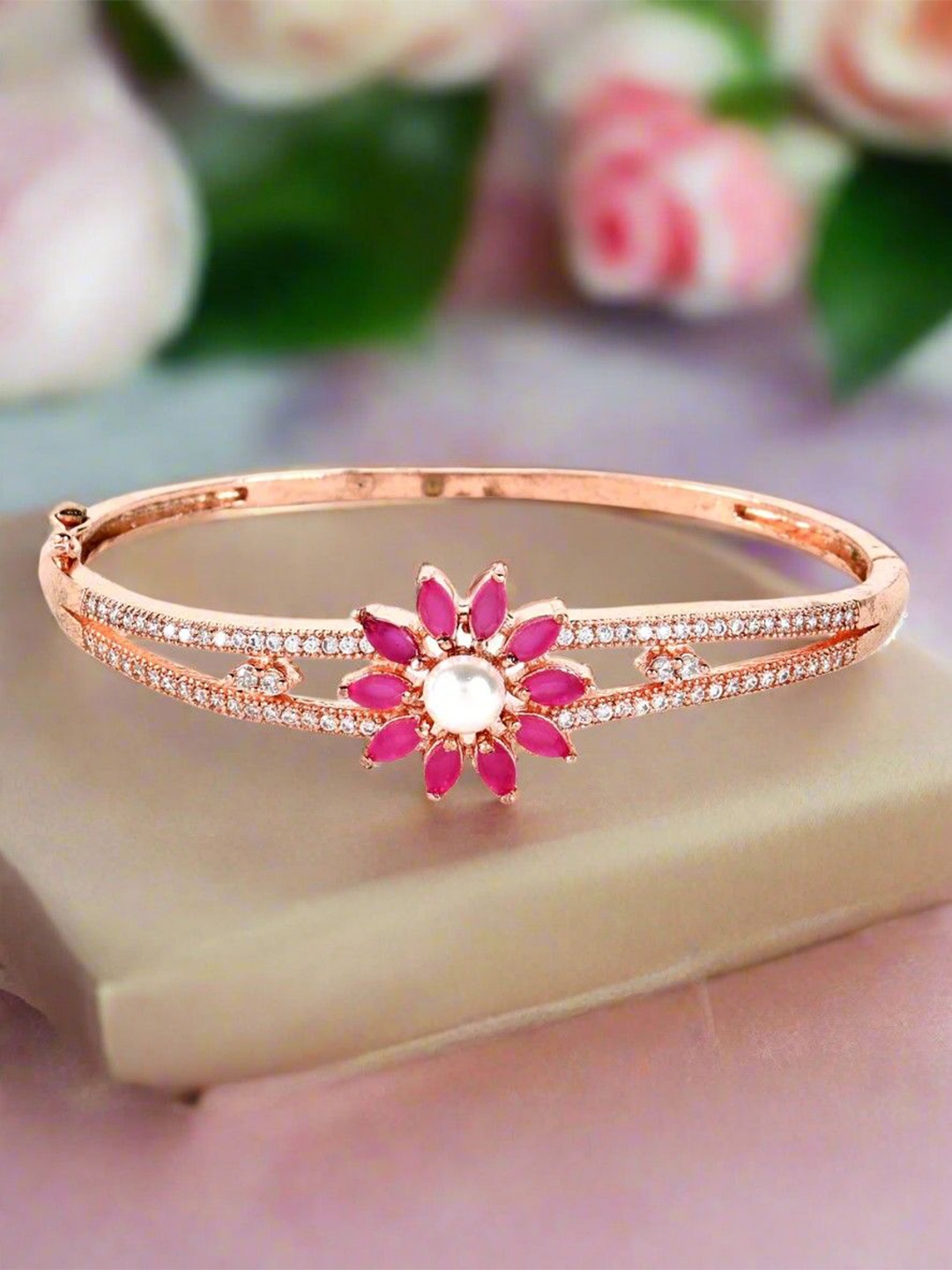

Anouk Rose Gold-Plated American Diamond Bangle-Style Bracelet