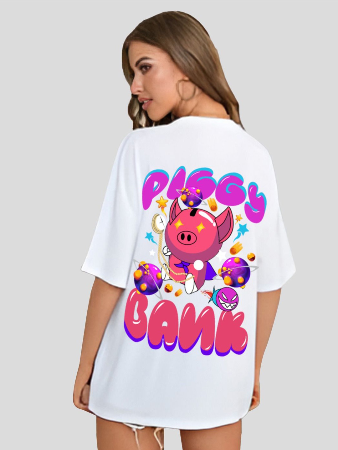 

CHKOKKO Women Graphic Printed Round Neck Cotton Oversized T-Shirt, White