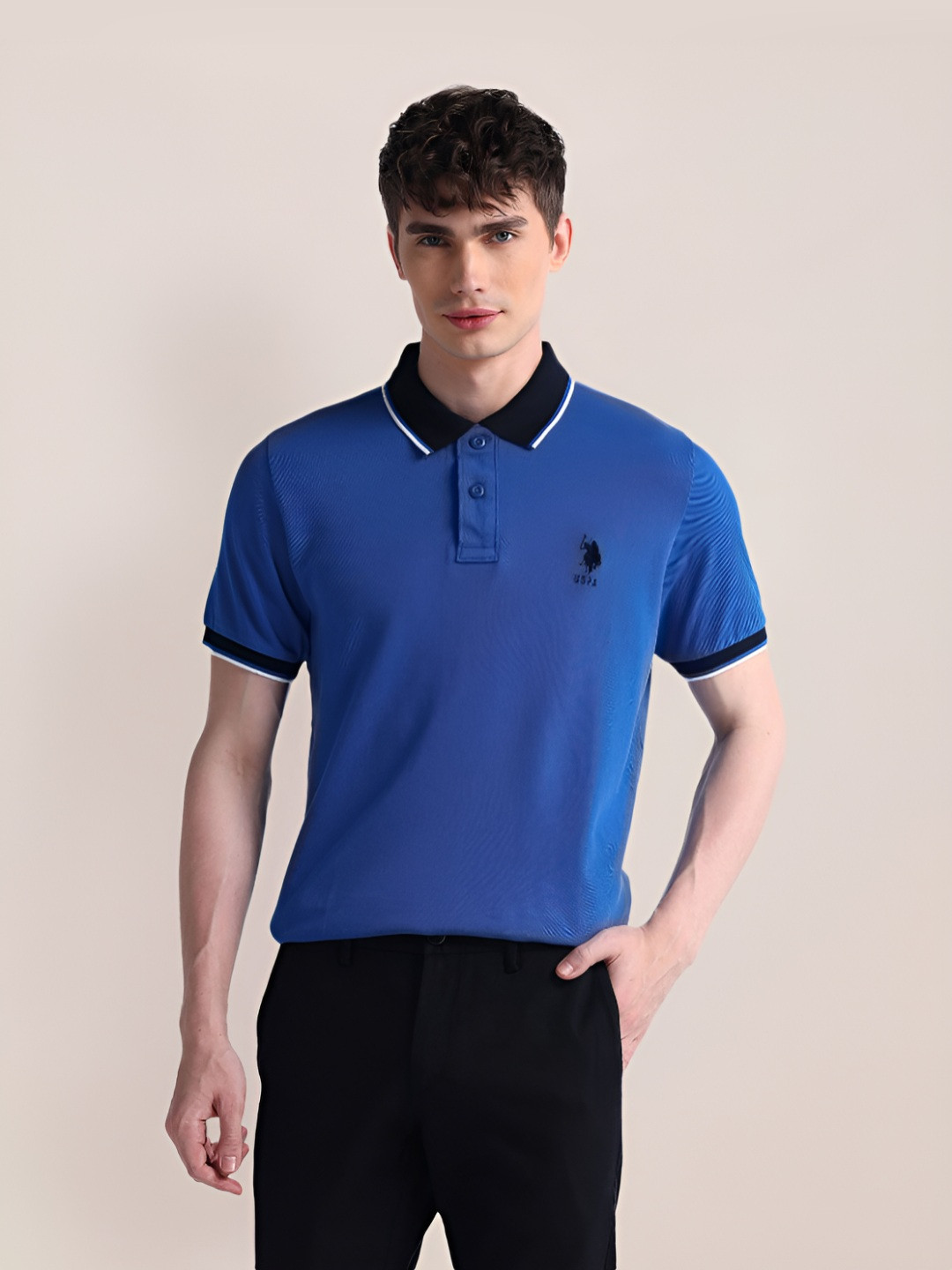 

U.S. Polo Assn. Men Solid Polo Collar Cotton Slim Fit T-Shirt, Blue