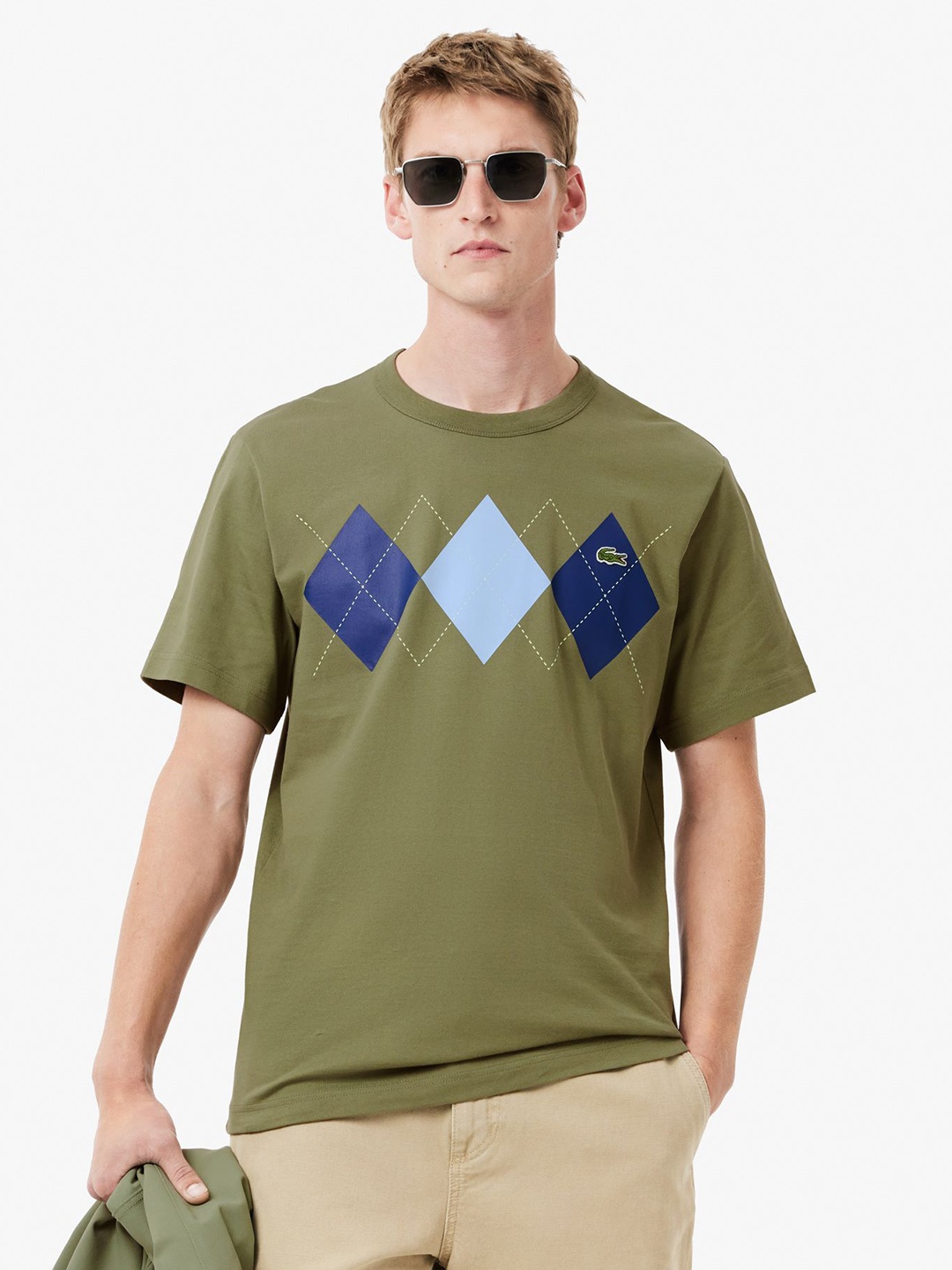 

Lacoste Men Geometric Printed Round Neck Cotton T-shirt, Brown