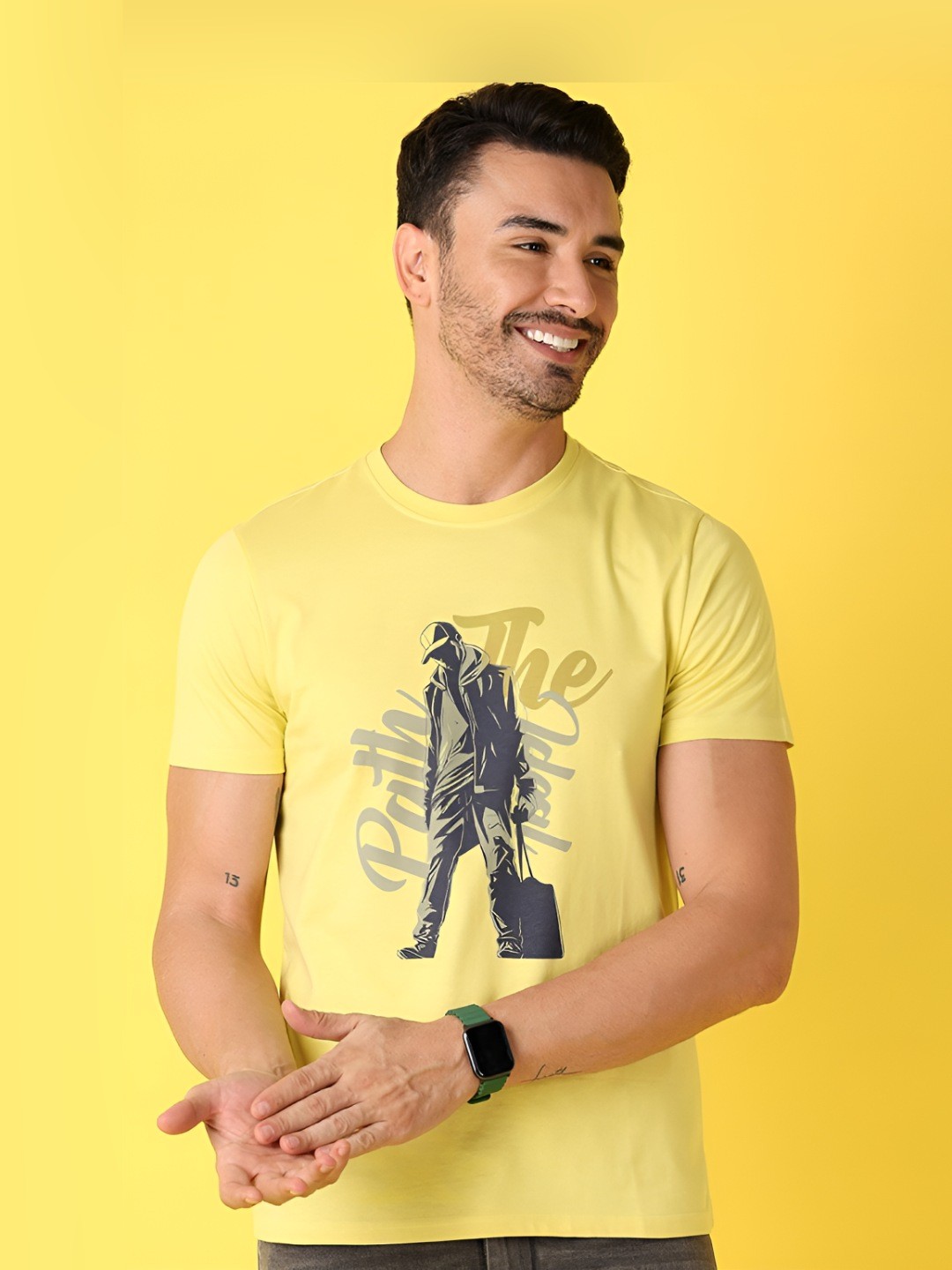 

V-Mart Men Graphic Printed Round Neck Cotton Slim Fit T-Shirt, Green
