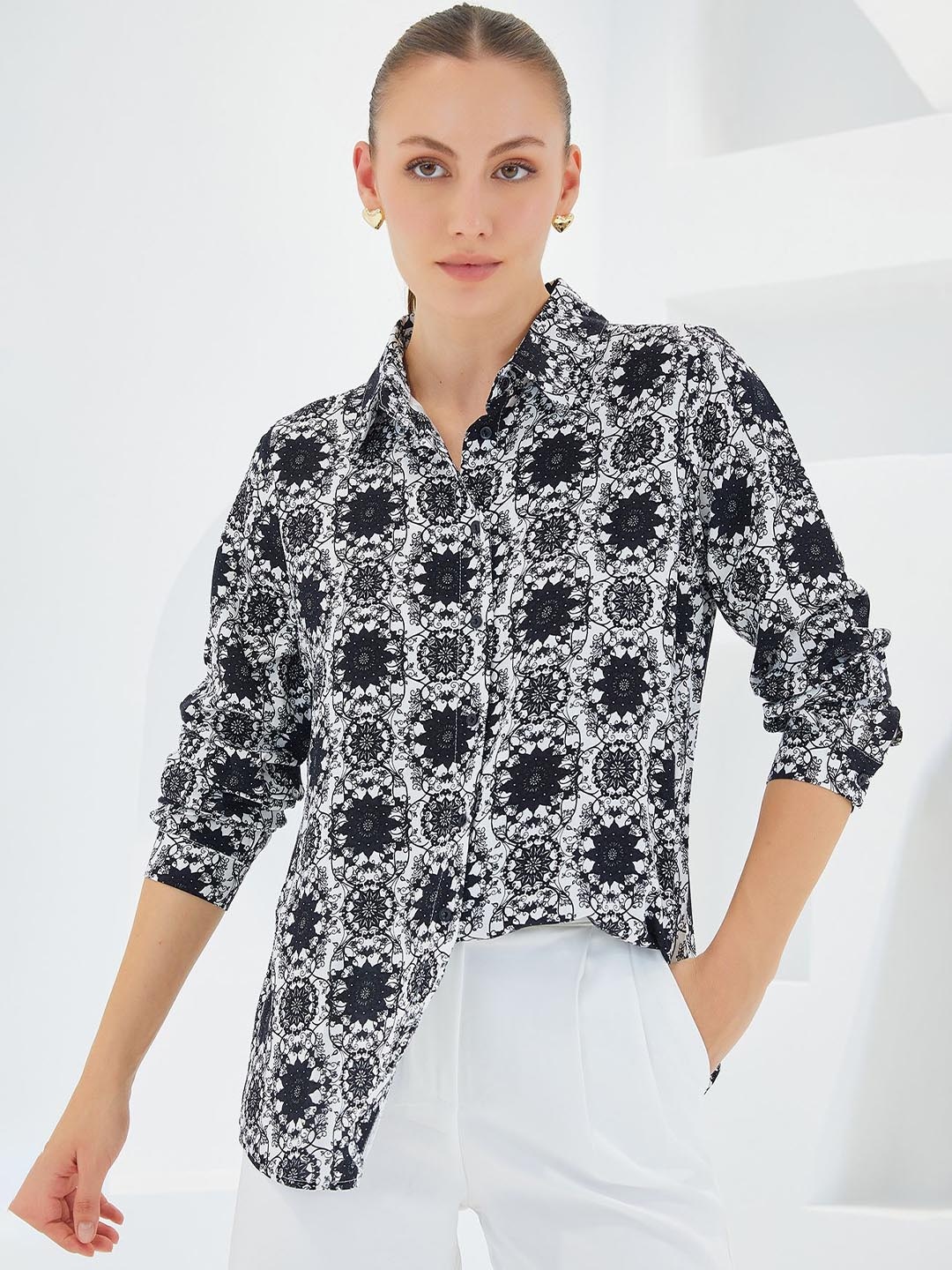 

BIGDART Women Spread Collar Floral Printed Casual Shirt, White