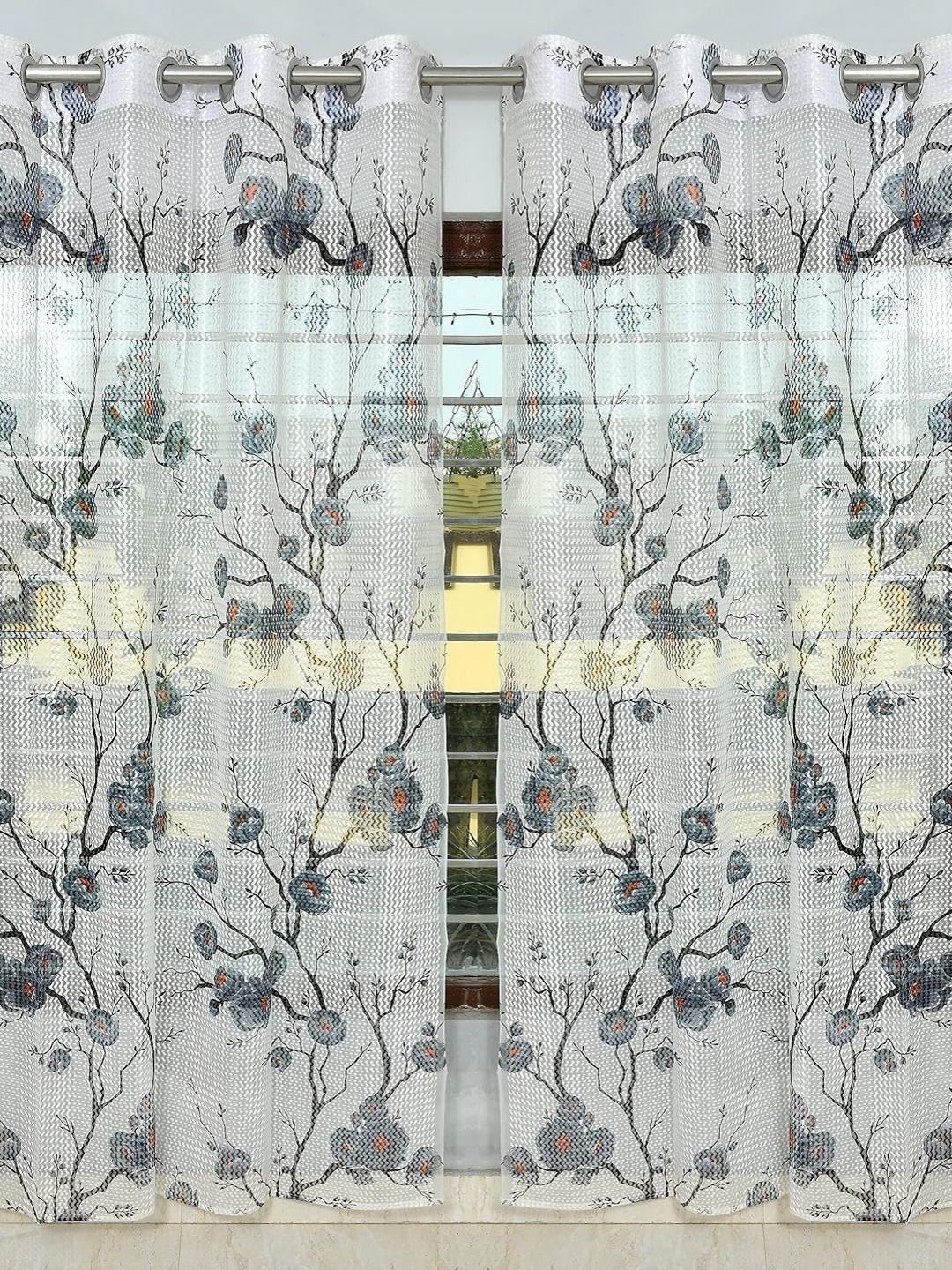 

JBG Home Store Green & White 2 Pieces Floral Printed Sheer Window Curtain