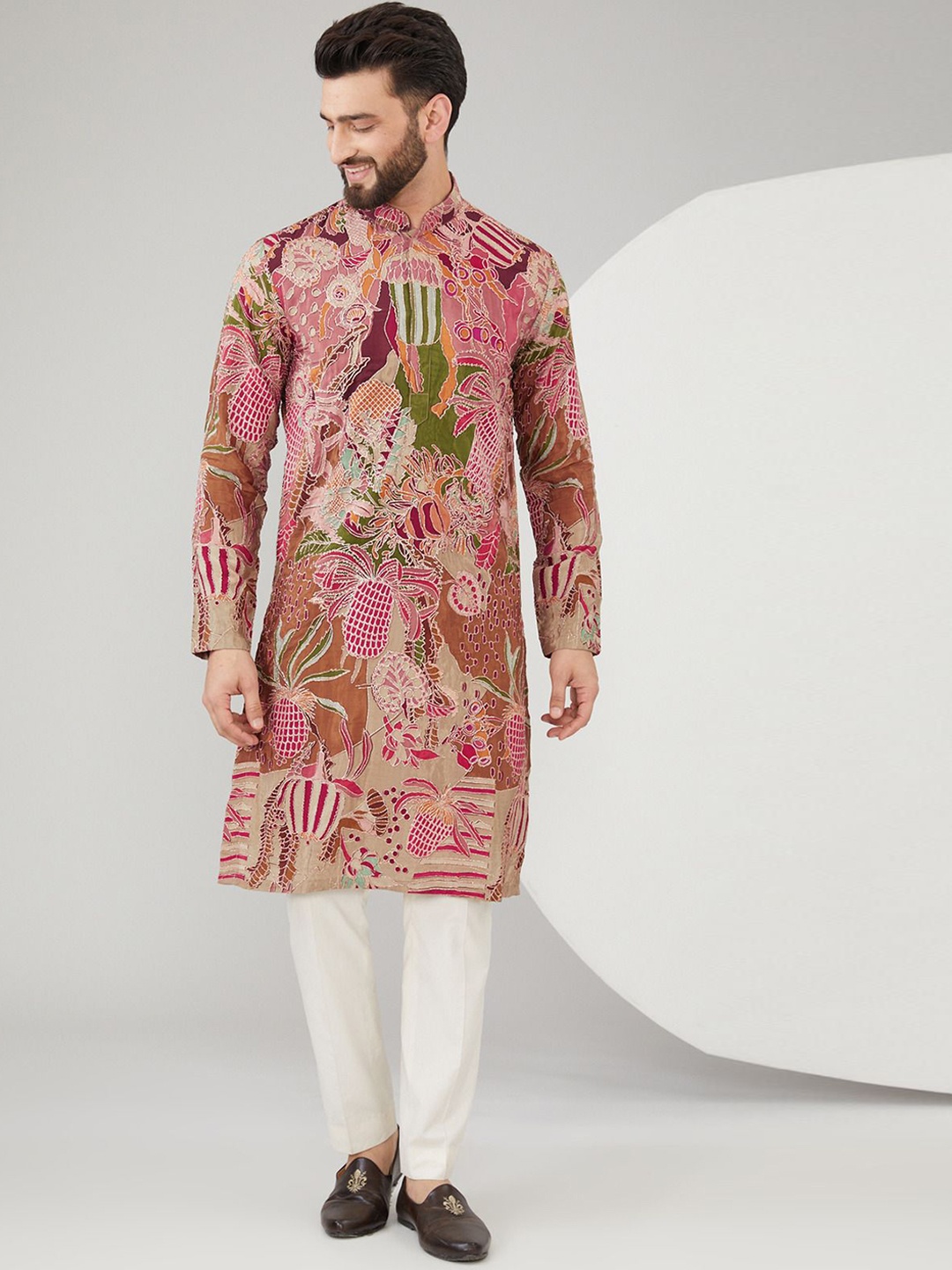 

KASBAH CLOTHING NISHCHAIY SAJDEH Floral Embroidered Sequinned Silk Straight Kurta, Pink