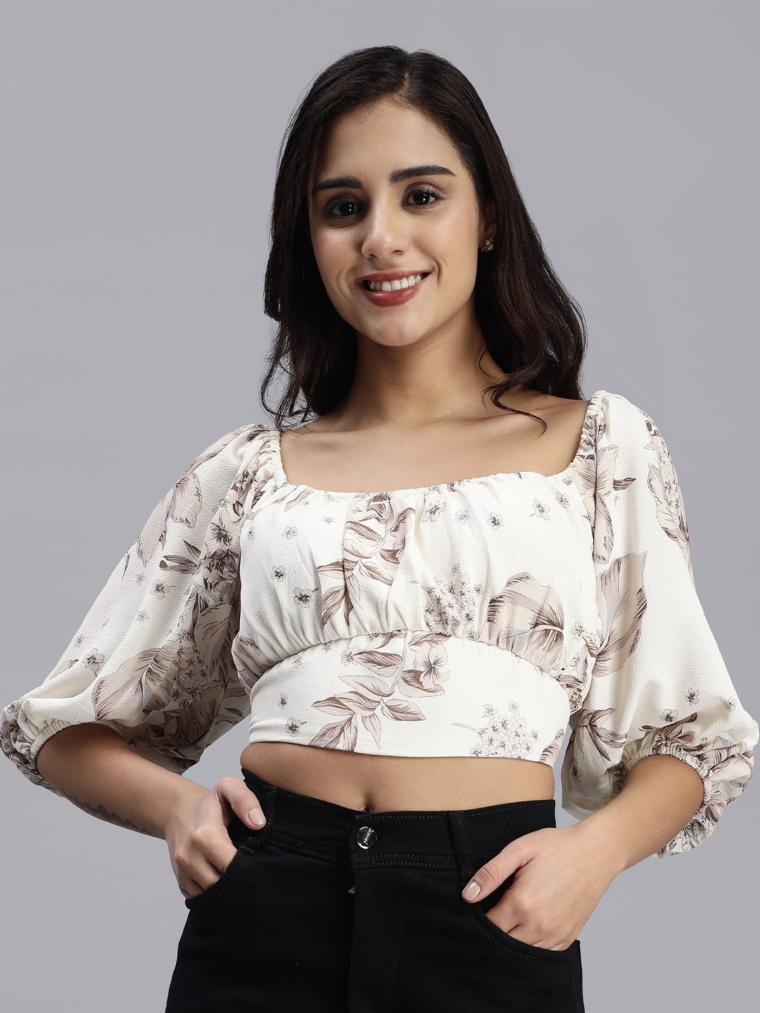 

Sipsew Floral Print Puff Sleeve Blouson Crop Top, Multi