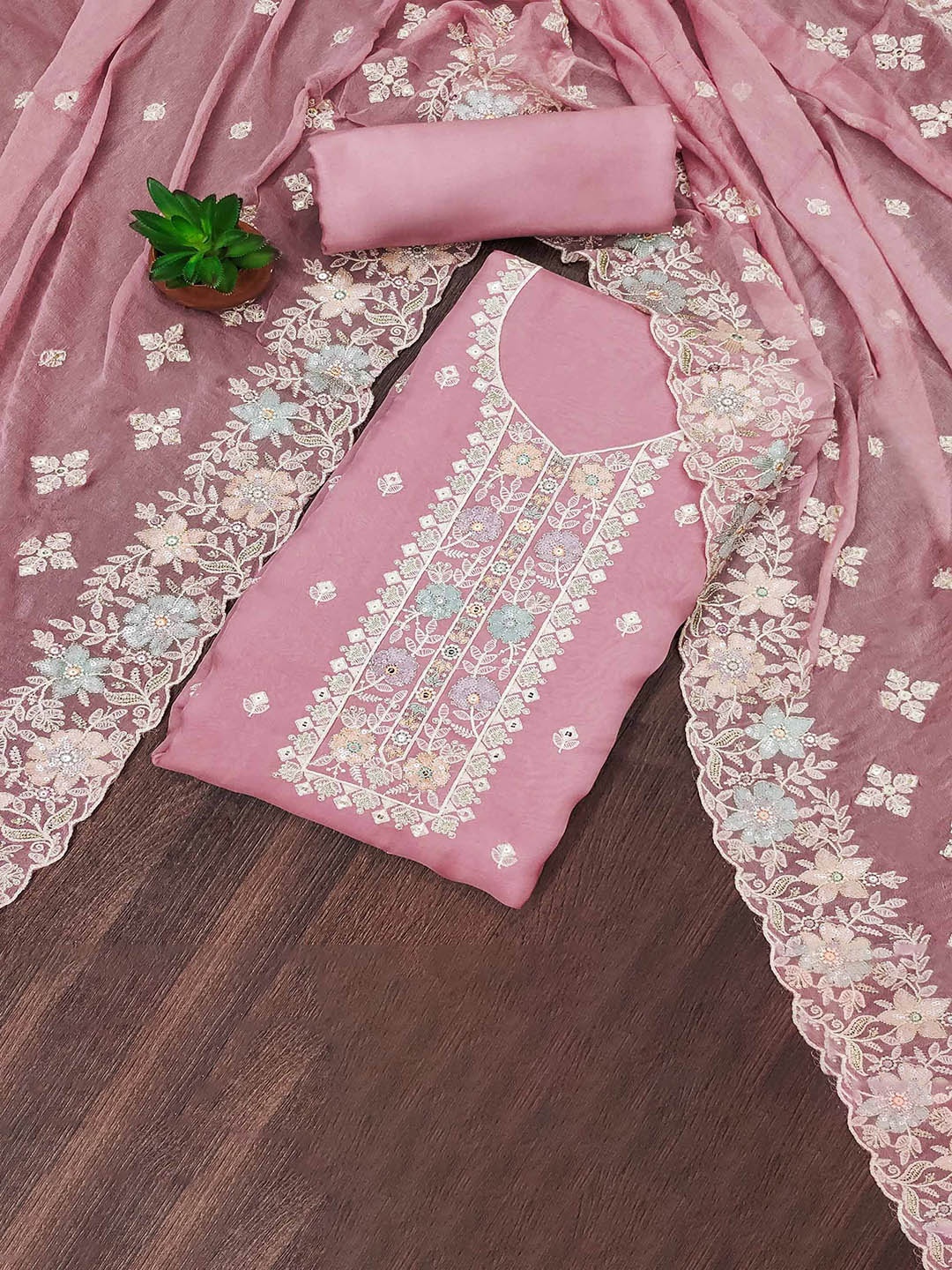 

Peachmode Thread Work Organza Unstitched Dress Material, Pink